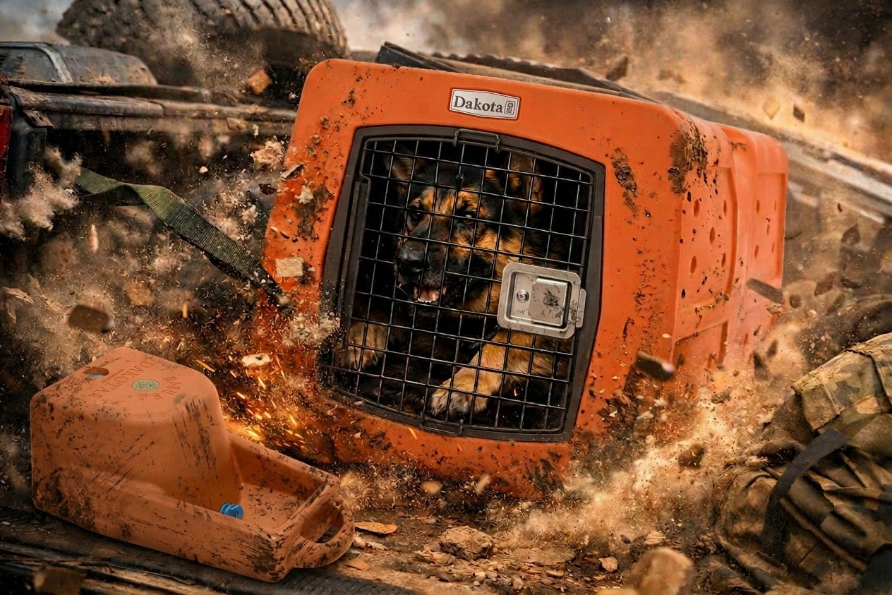 Dog in a car accident inside a Dakota 283 Crate