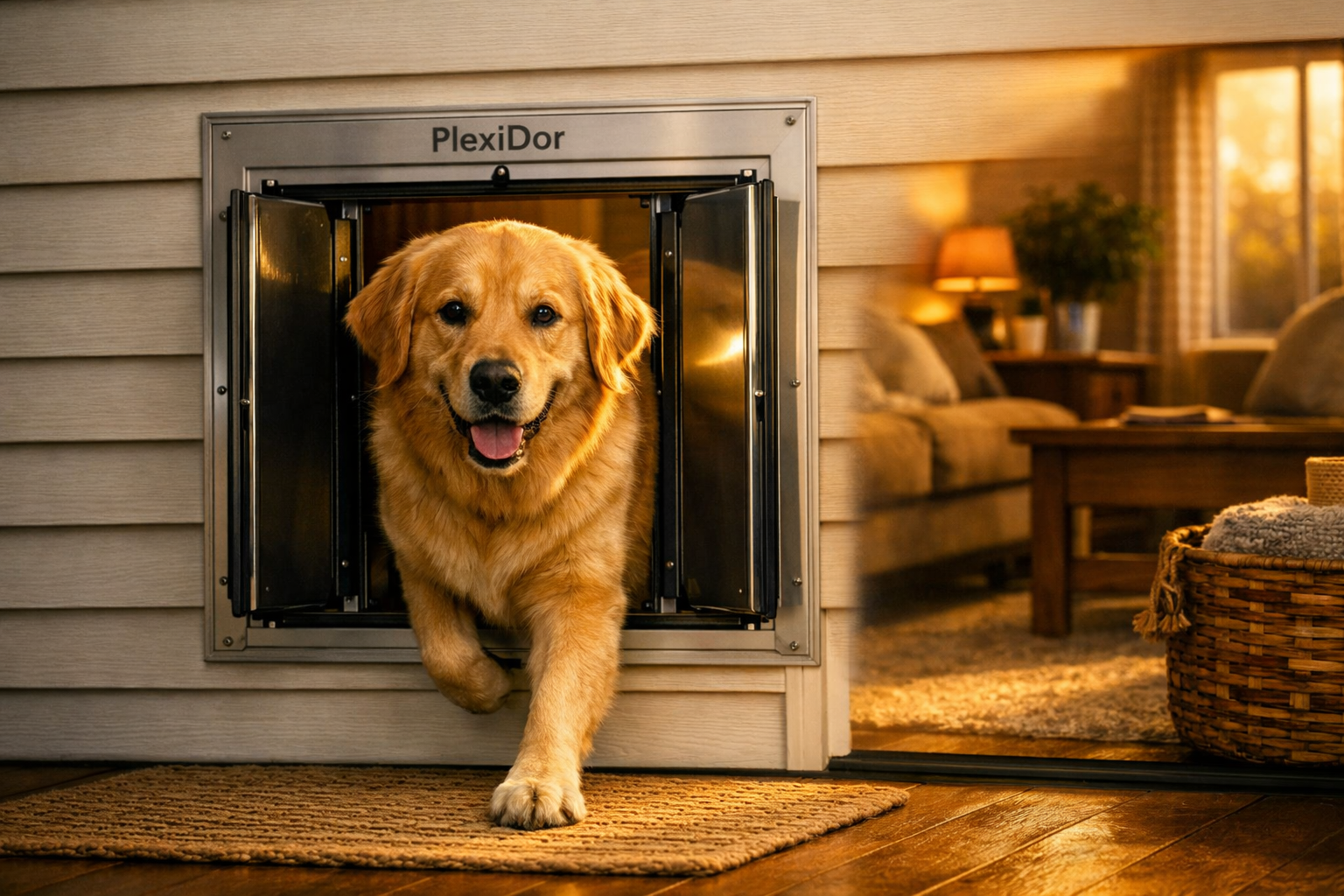 Dog coming out of Plexidor dog door