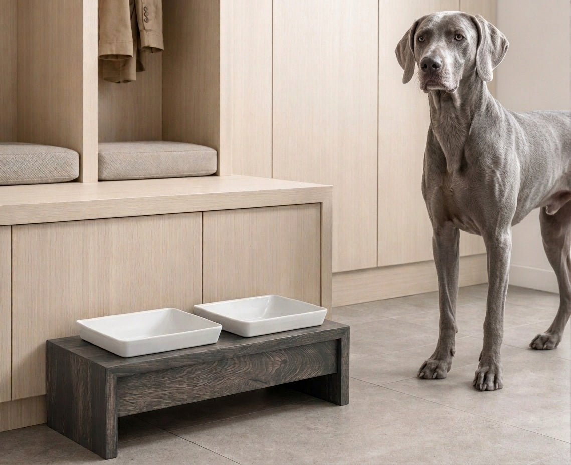 weimaraner dog with Artisan Double Feeder Dog Bowls
