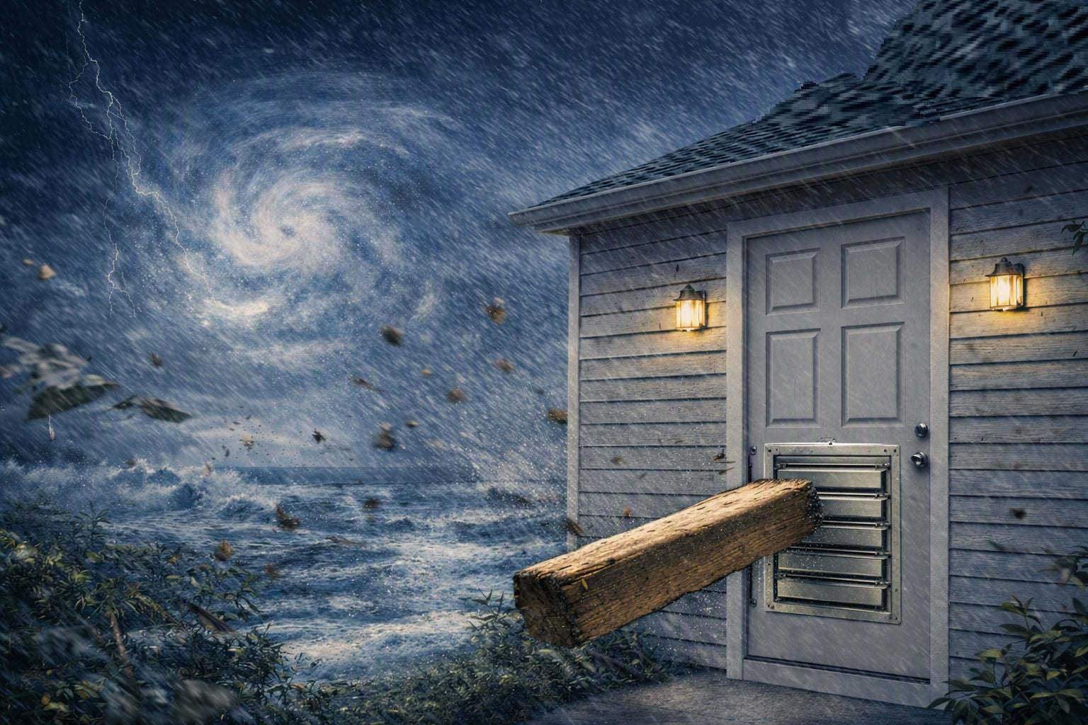 Image of a Hurricane causing debris to fly into a dog door but the dog door has a Plexidor Hurcan Door and can withstand the impact