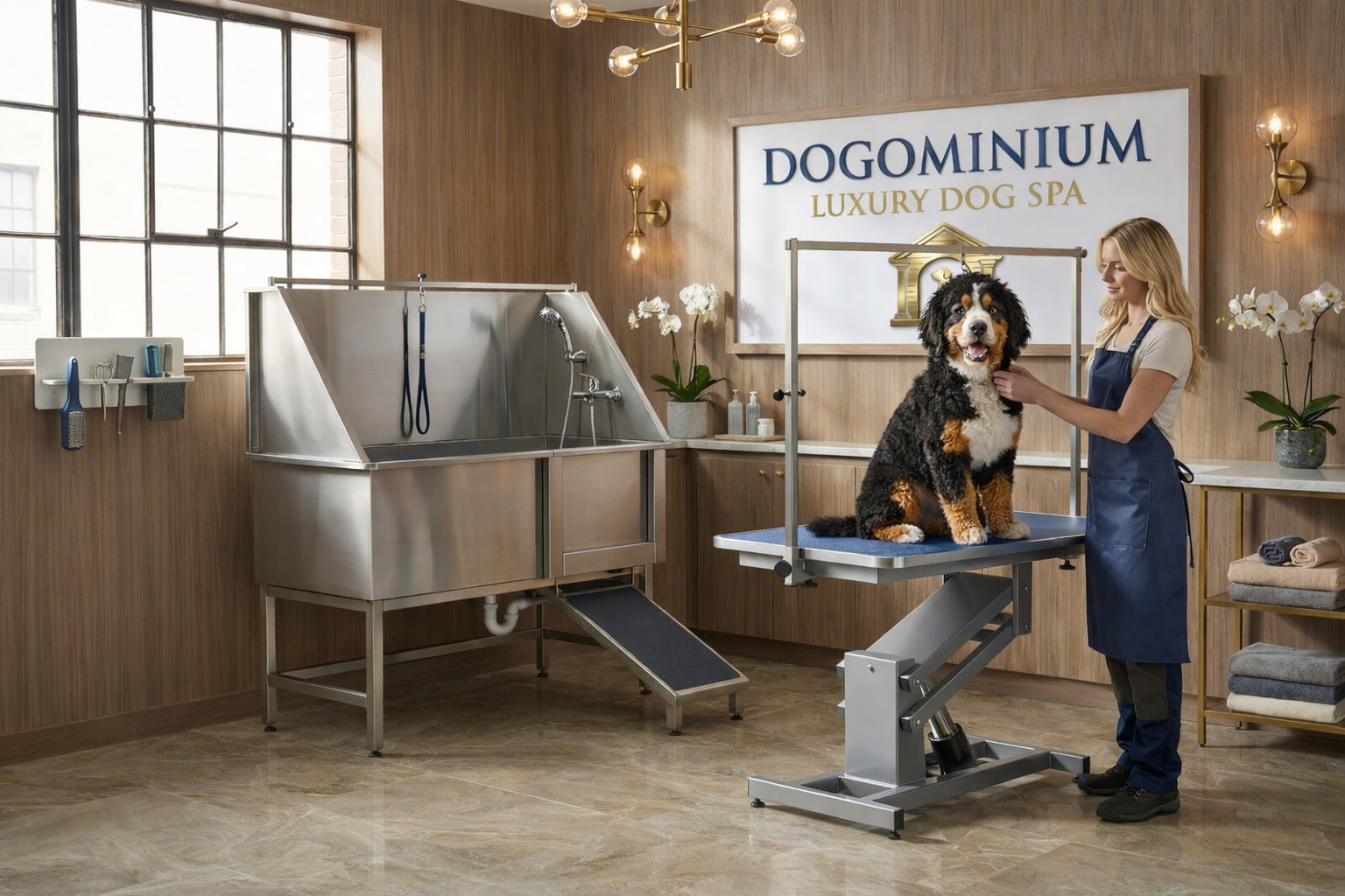 Grooming Salon with a stainless steel wash tub and hydraulic lifting table.
