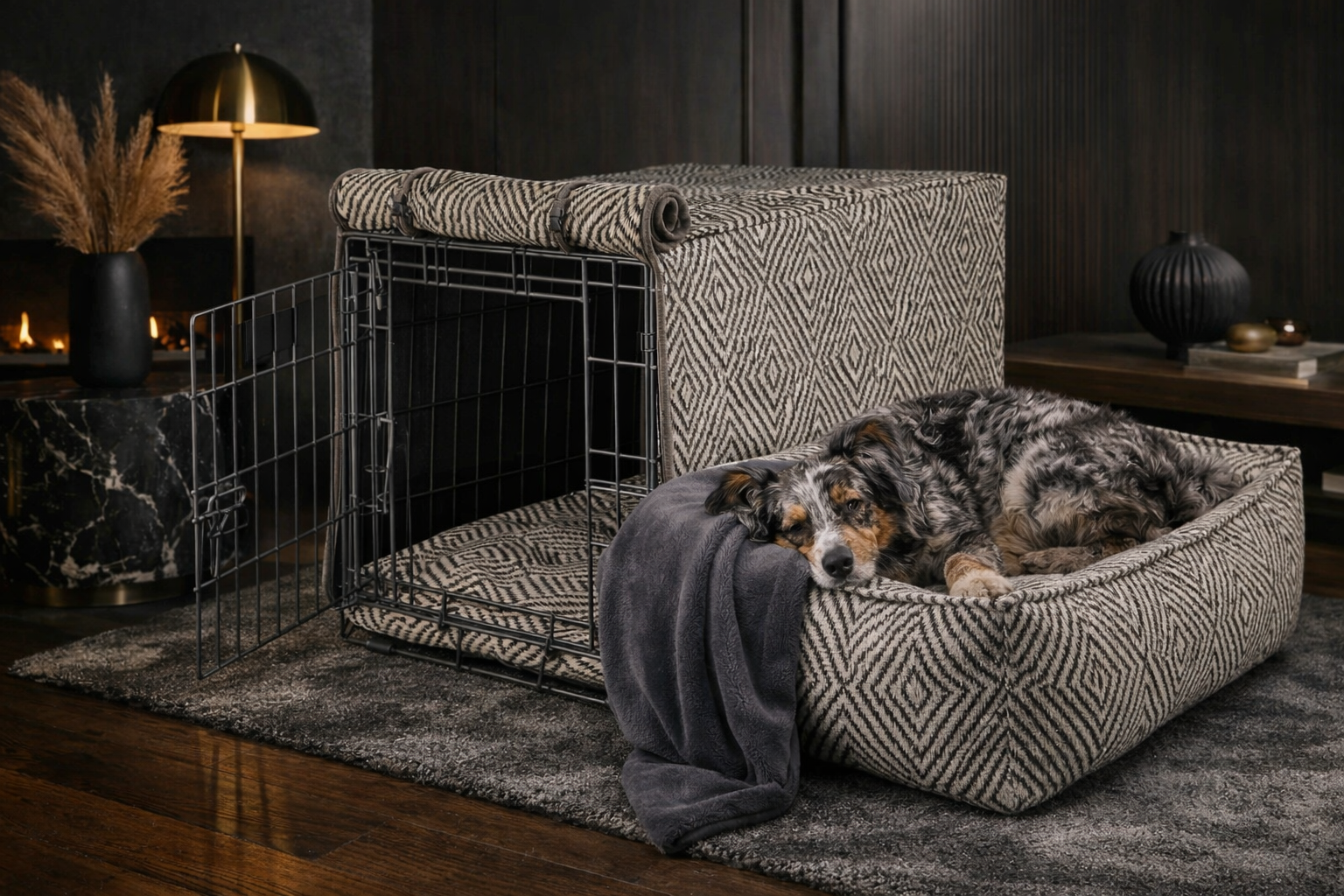 Upholstery grade wire crate cover with matching mat, bed, and blanket