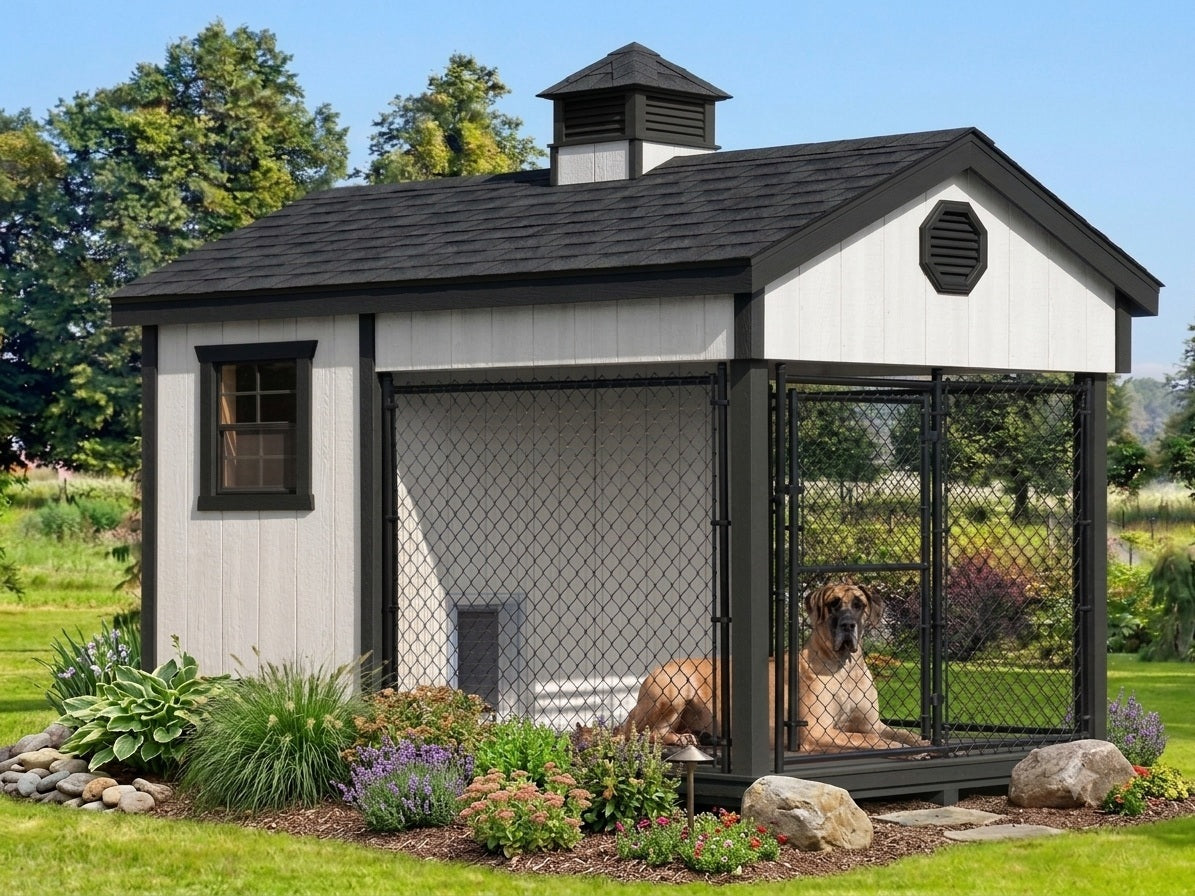 An executive estate dog house with an attached fenced enclosure, shown outdoors on a lawn with landscaping and a dog sitting inside the enclosure.