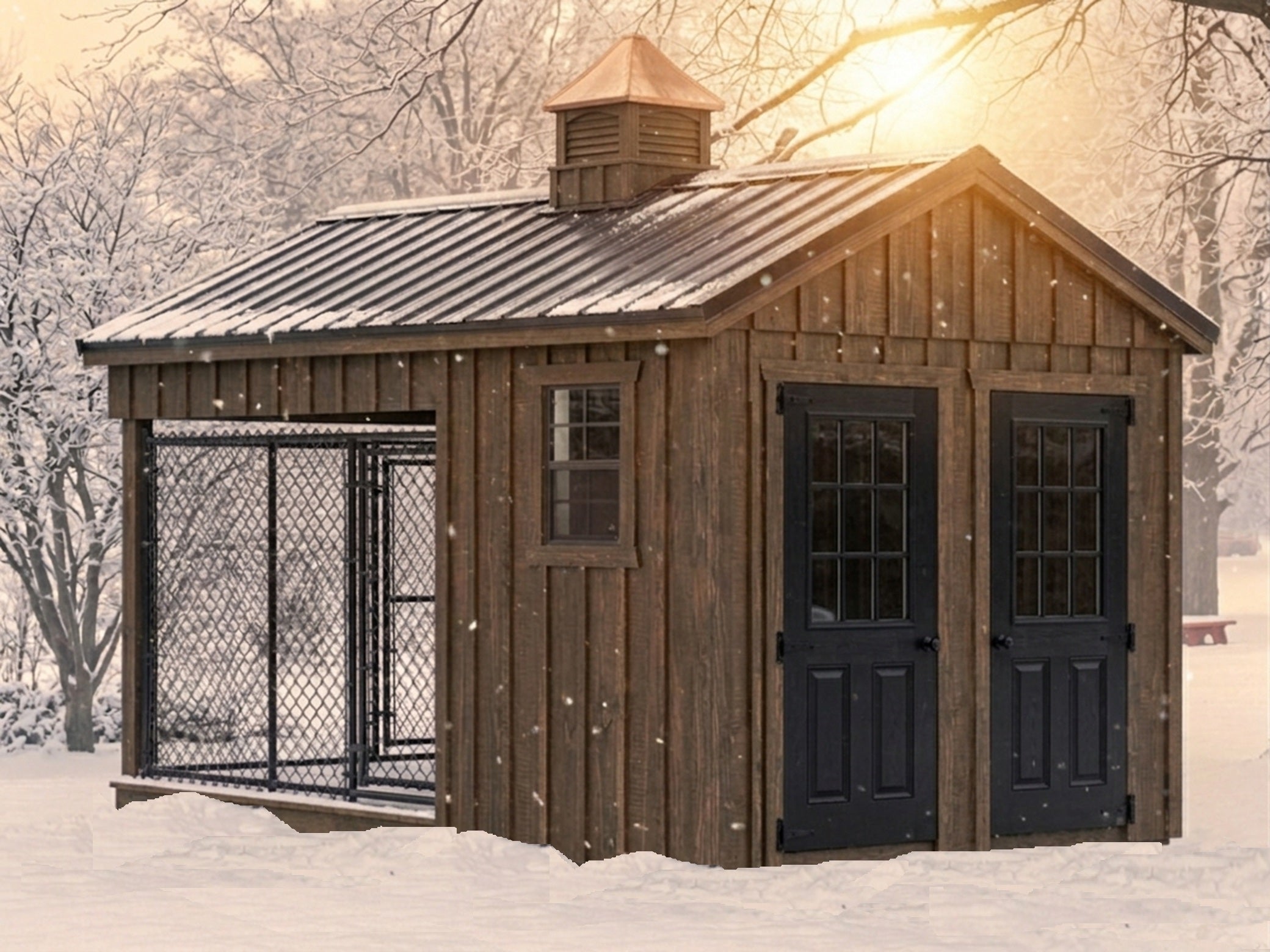 Executive Luxury Insulated Double Dog Kennel — Dual Indoor Suites + Dual Outdoor Runs 8' x 14'