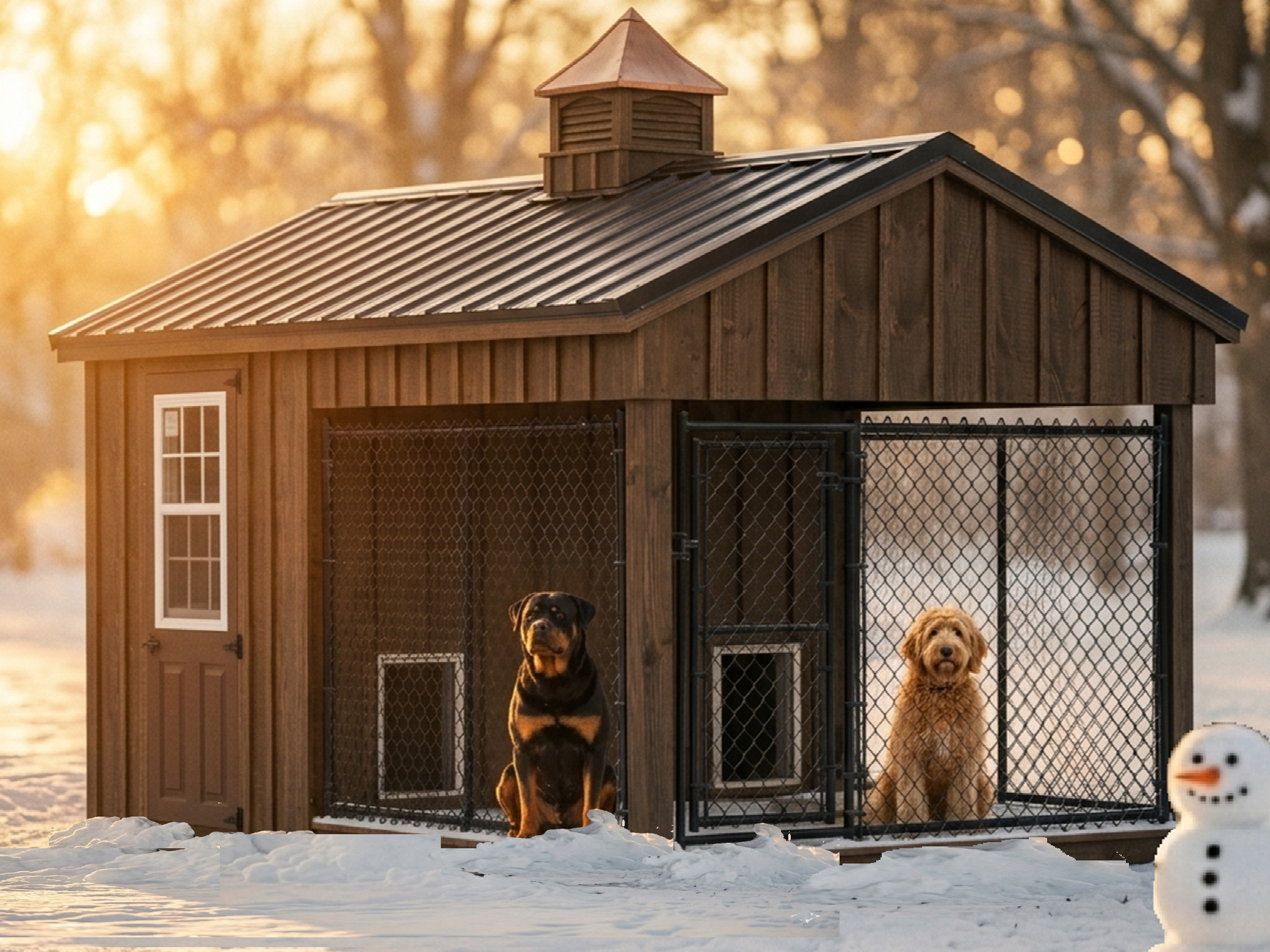 Executive Luxury Insulated Double Dog Kennel — Dual Indoor Suites + Dual Outdoor Runs 8' x 14'