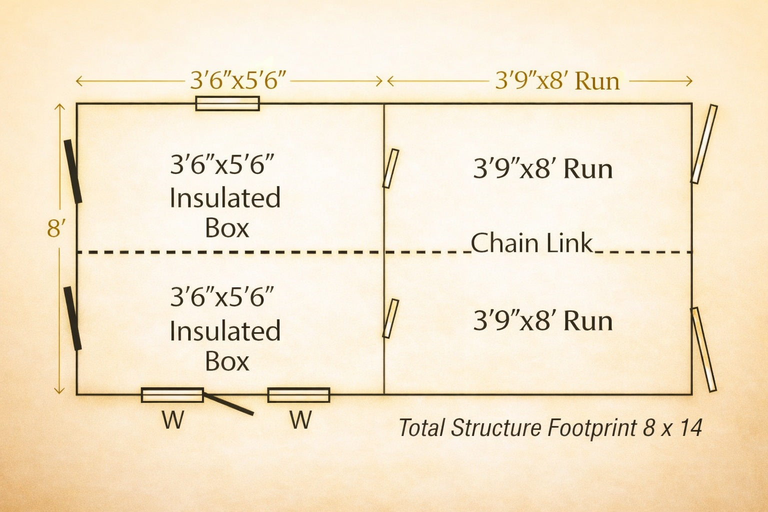 Diagram of a storage structure with dimensions labeled on a beige background