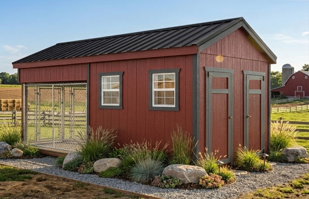 Executive Luxury Insulated Double Dog and Kennel With Storage— Dual Indoor Suites + Dual Outdoor Runs 8' x 16'