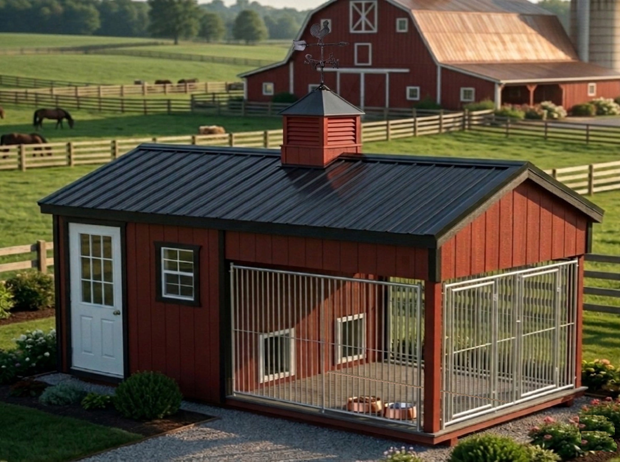 Executive Luxury Insulated Double Dog and Kennel With Storage— Dual Indoor Suites + Dual Outdoor Runs 8' x 16'
