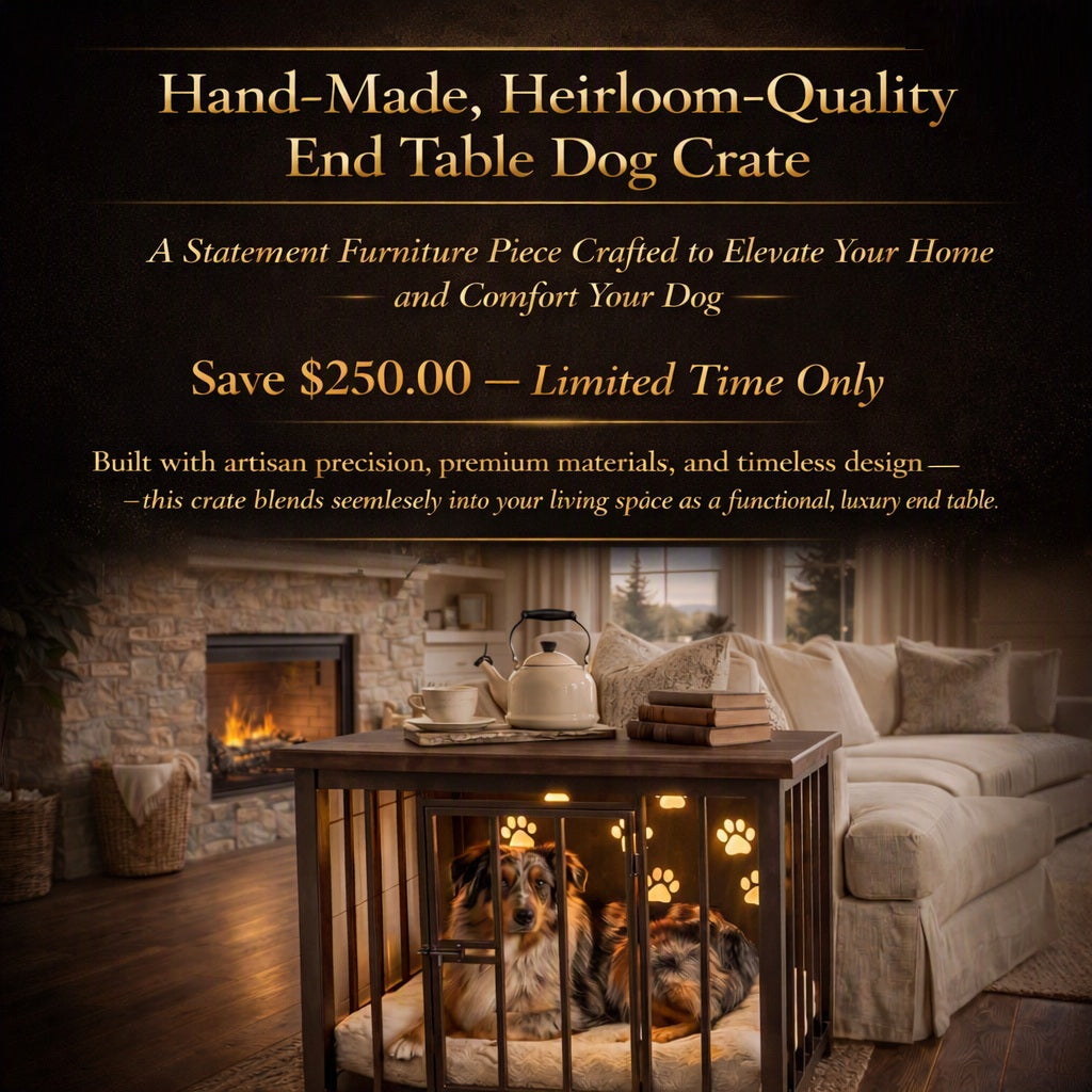 A hand-made end table dog crate. The dark brown wooden crate is shown in a cozy living room setting with a dog inside, featuring glowing paw-print cutouts.