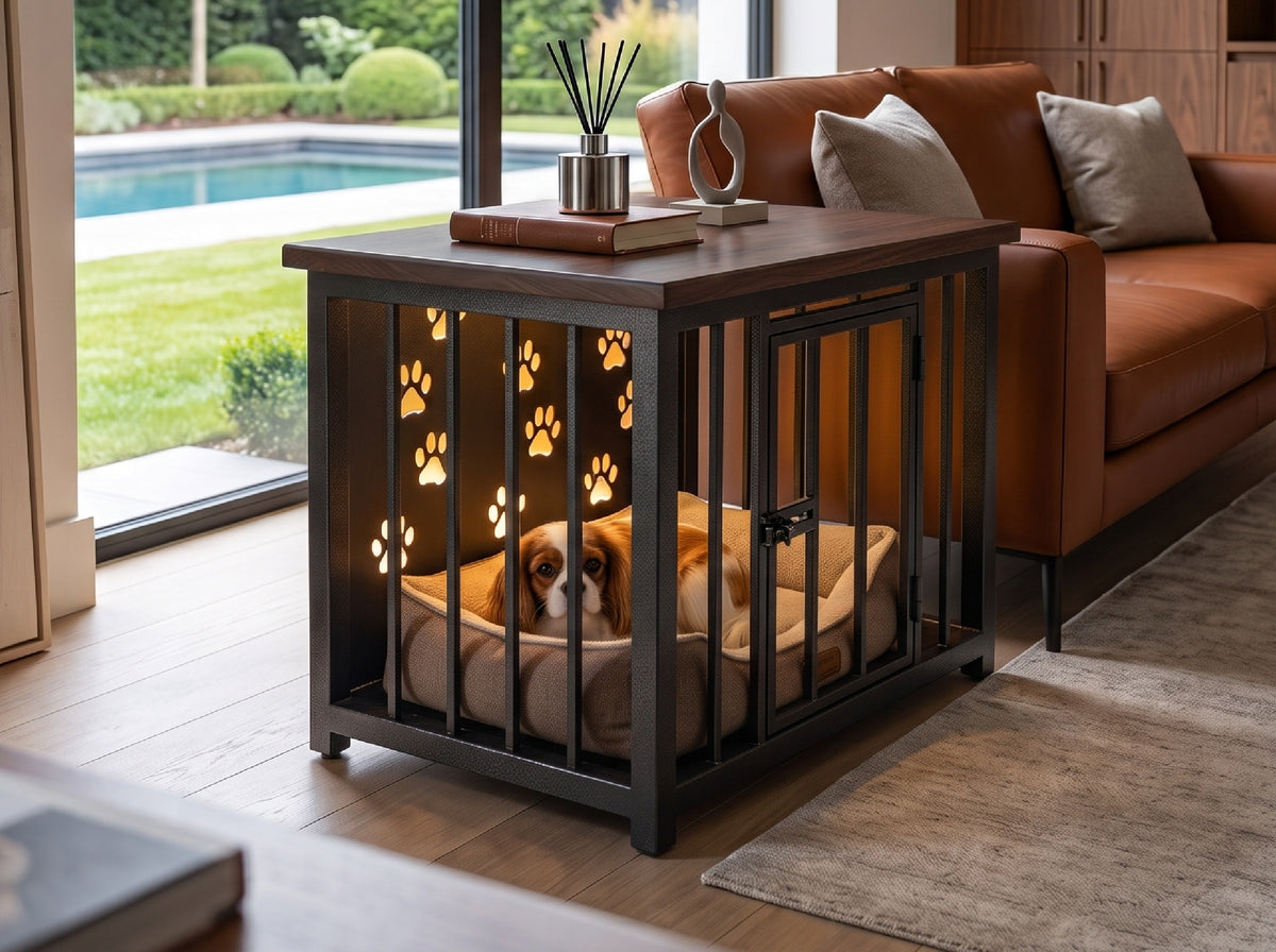 A small dog crate table in a modern living room setting, featuring a brown wood top, black metal frame, and warm glowing paw-print cutouts on the front. A dog is lying inside a cushioned pet bed on the table, with a brown leather sofa and a pool visible in the background.