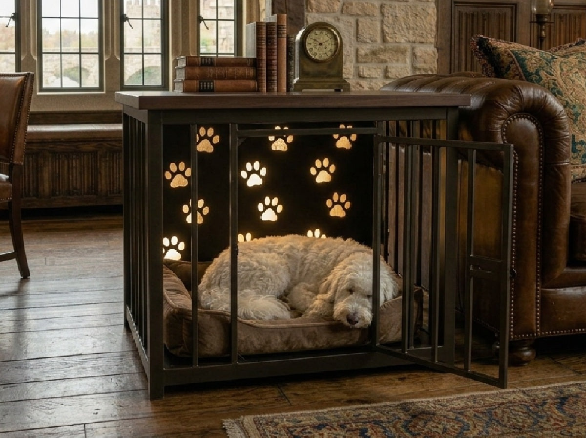 A fluffy white dog sleeps inside a dark metal pet crate bed with illuminated paw-print cutouts, set in a rustic living room with a leather sofa and wood floors.