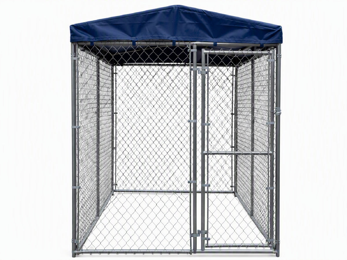 A chain-link dog kennel with a blue canopy tent roof, shown against a plain white background.
