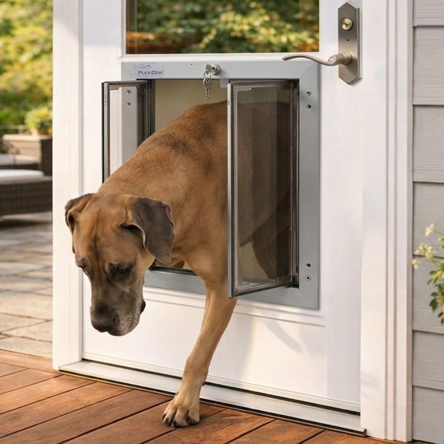 Plexidor Saloon Dog Door Image A large tan dog walks through a pet door installed in a white exterior door, with a wooden deck visible below and greenery in the background.