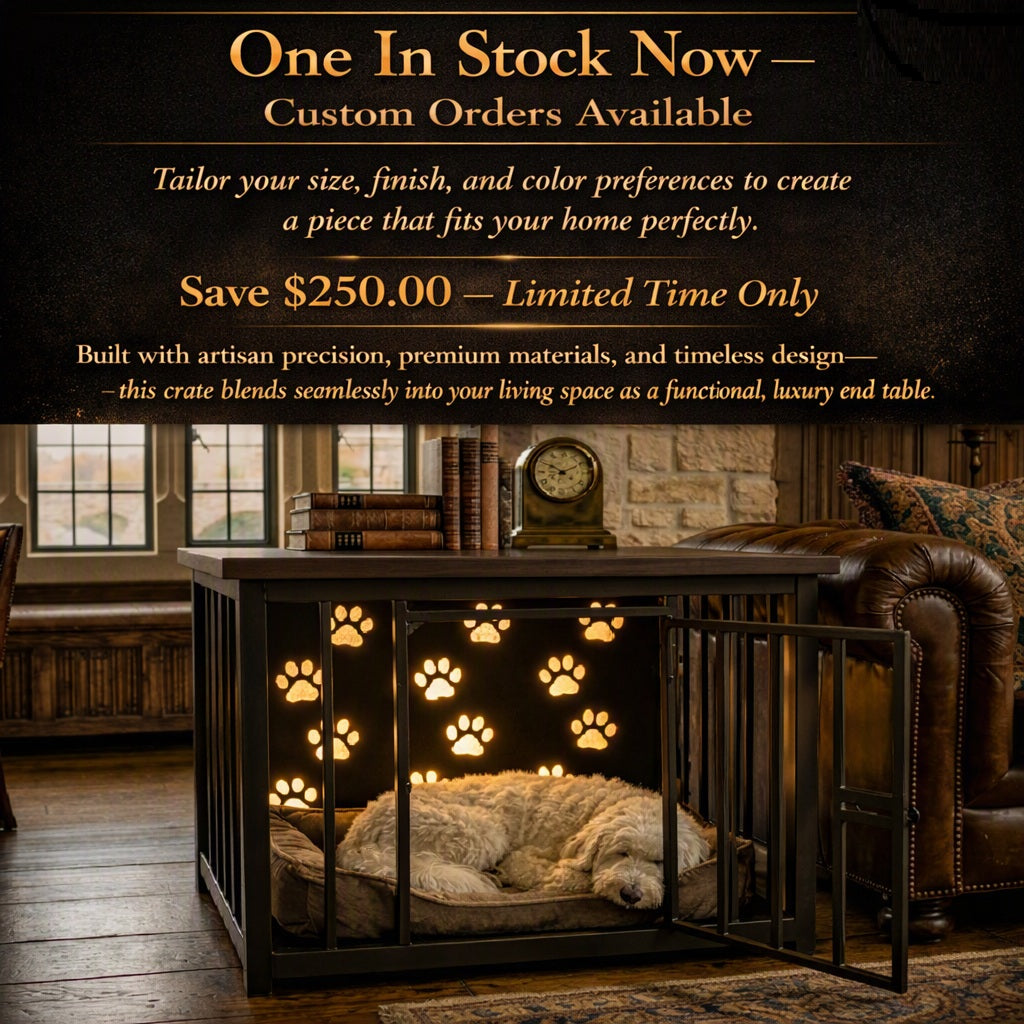 A custom black metal pet crate bed with illuminated paw print cutouts, shown in a cozy living room setting with a sleeping cat inside. The image includes promotional text at the top advertising one-in-stock customization and limited-time savings.