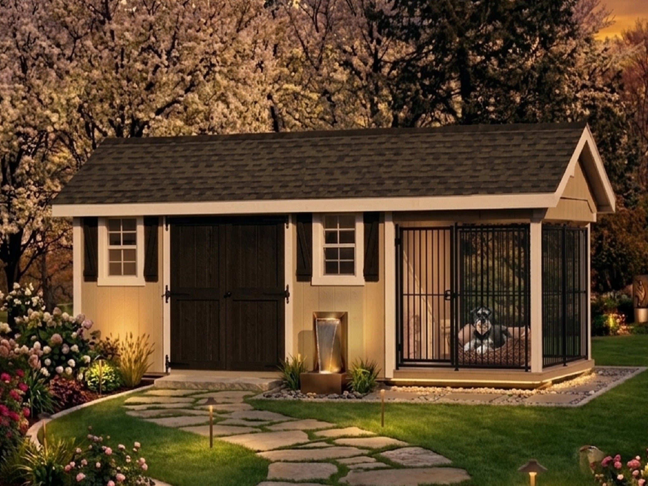 outdoor dog kennel and dog house combo with climate‑controlled, fully powered, customizable luxury engineering for year‑round comfort plus storage shed