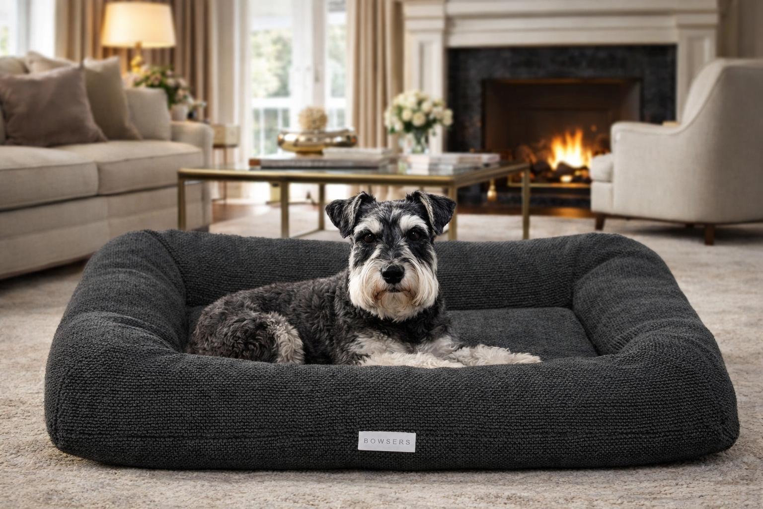 A small Schnauzer black and white dog lies inside a Bowsers pet products Hugo plush dark charcoal gray boucle pet bed in a cozy living room with a fireplace, sofa, and armchair.