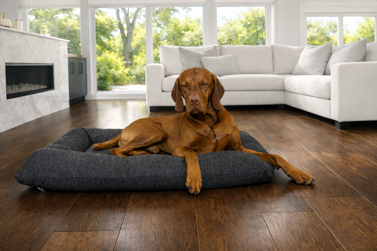 A Bowsers pet products brown dog lies on a dark gray rectangular Hugo pet bed on a hardwood floor in a bright, modern living room with a white sectional sofa and large windows.