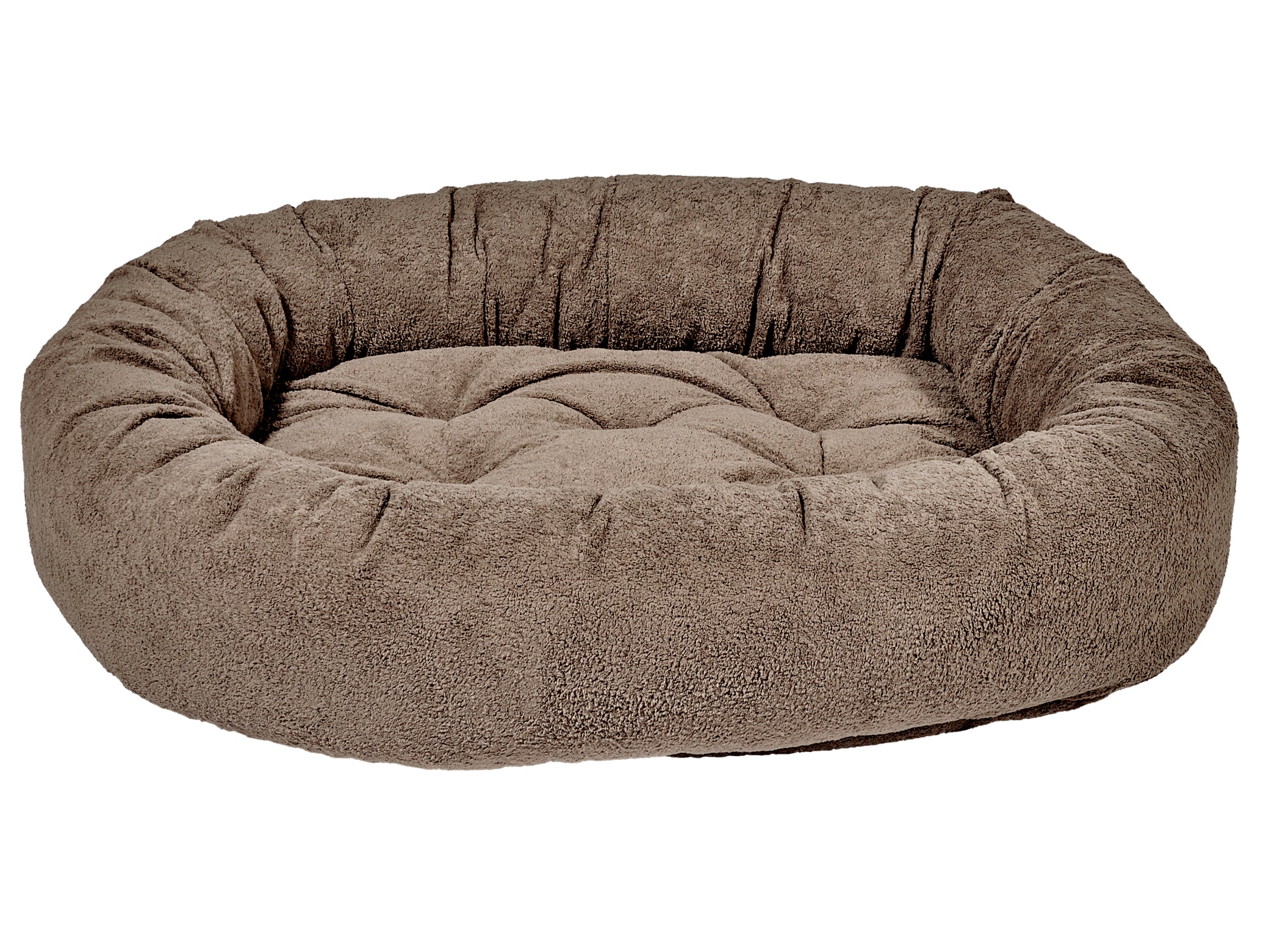 Brown donut-shaped pet bed on a white background