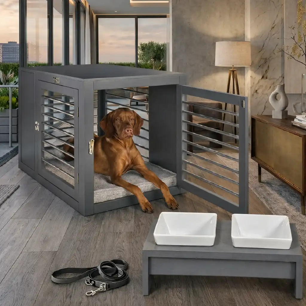 Moderno Contemporary Crate With Padded Mat and Matching Bowls