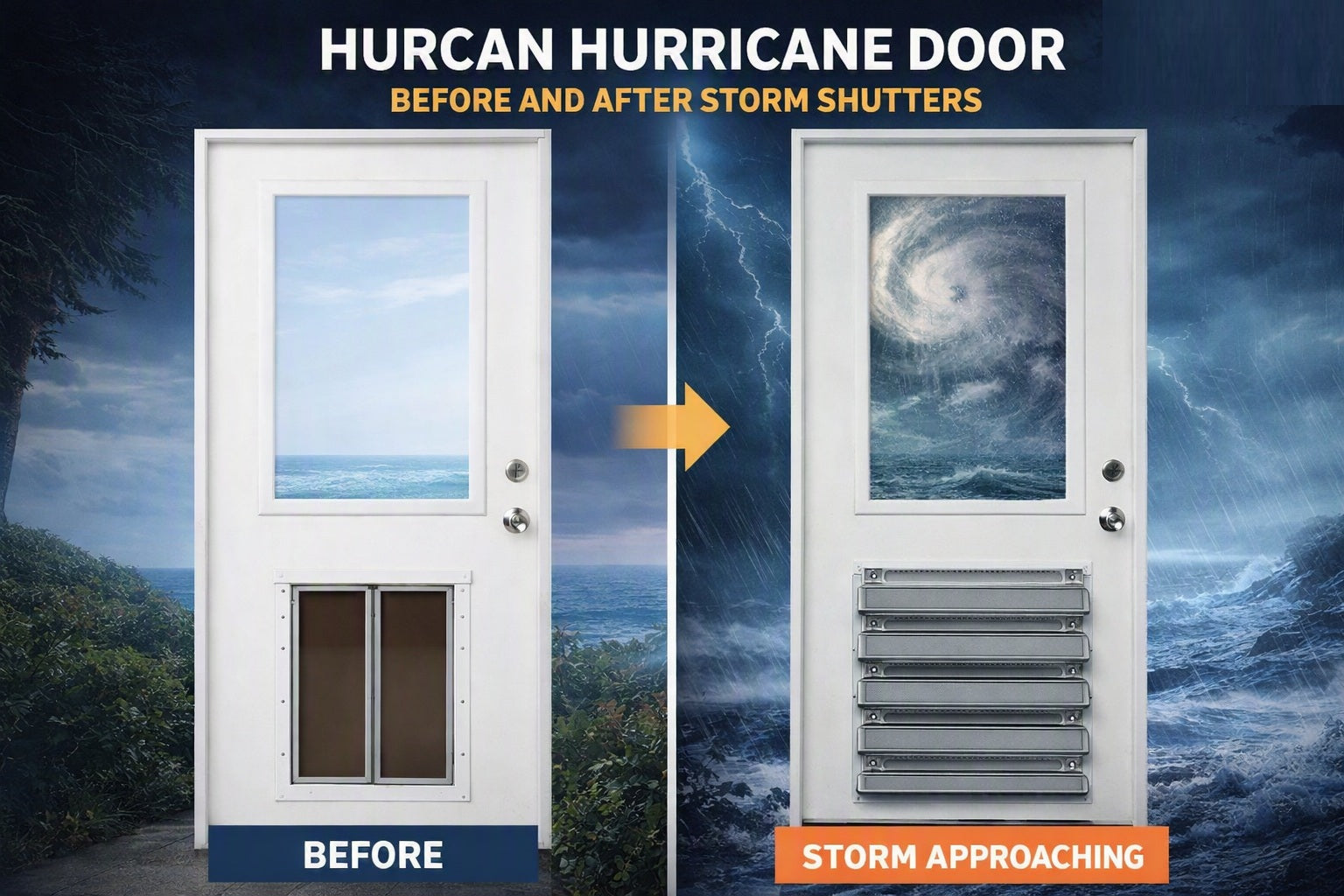 A split before-and-after graphic showing a white hurricane door with storm shutters. The left side labeled BEFORE shows the door with a storm window and no shutters.