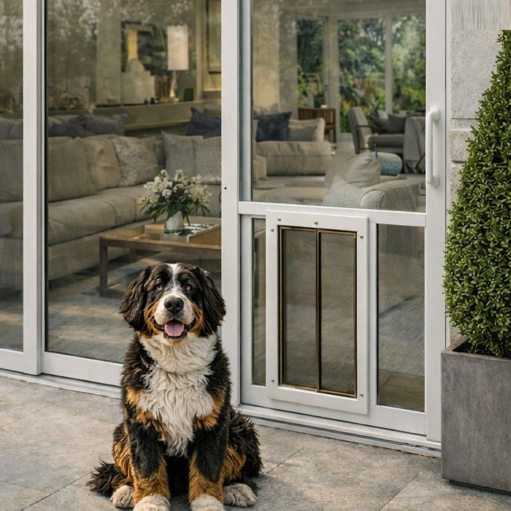 Plexidor Sliding_Glass_Insert_for_Dog_Door with a Bernese mountain dog sitting on a stone patio in front of a white-framed sliding glass door with a pet door installed, with a modern living room visible through the glass.