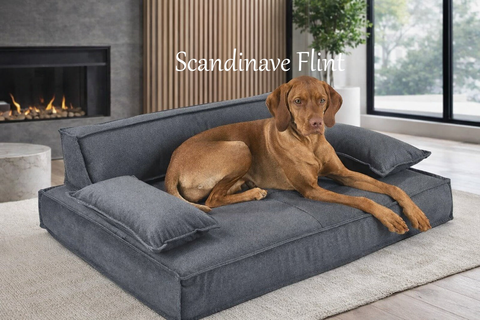 Dog laying on Scandinavia Dog Couch in Luxury House by fireplace