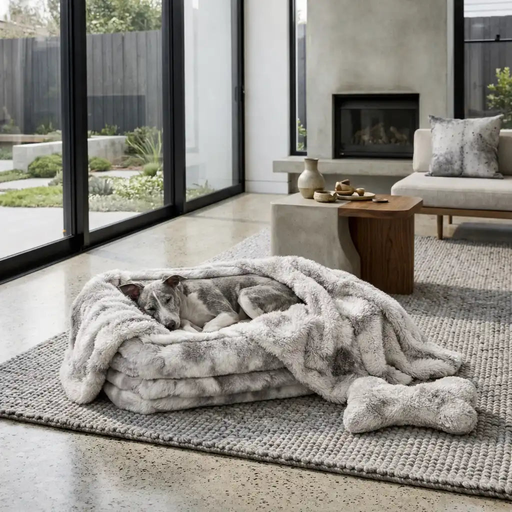 Silver Fox Franklin Dog Bed with Matching blanket and Bone Pillow in luxury modern house