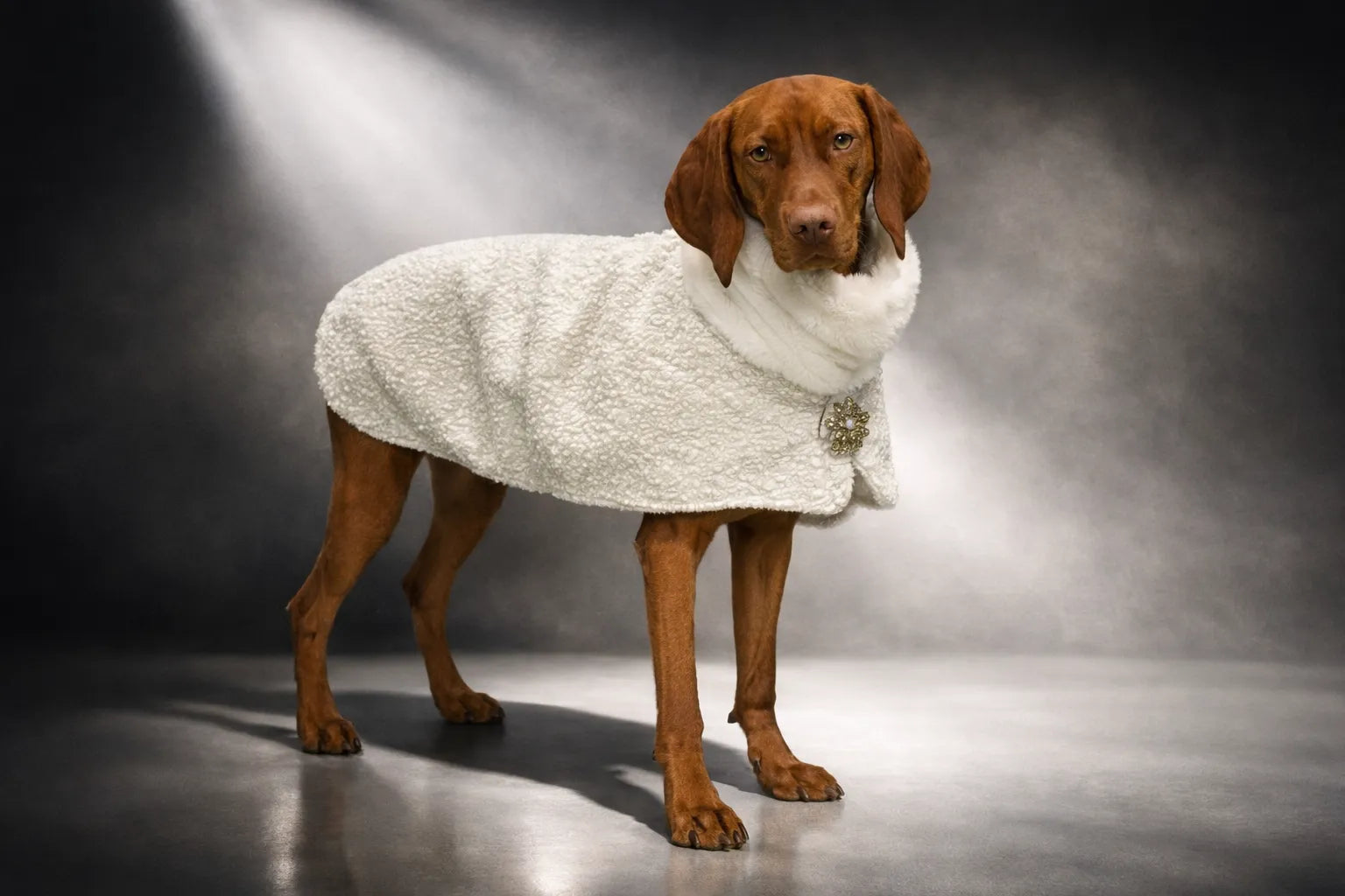 A brown dog wearing a Bowsers pet products manhattan walking coat white textured knit sweater, standing in a studio with dramatic spotlighting against a dark gray background.
