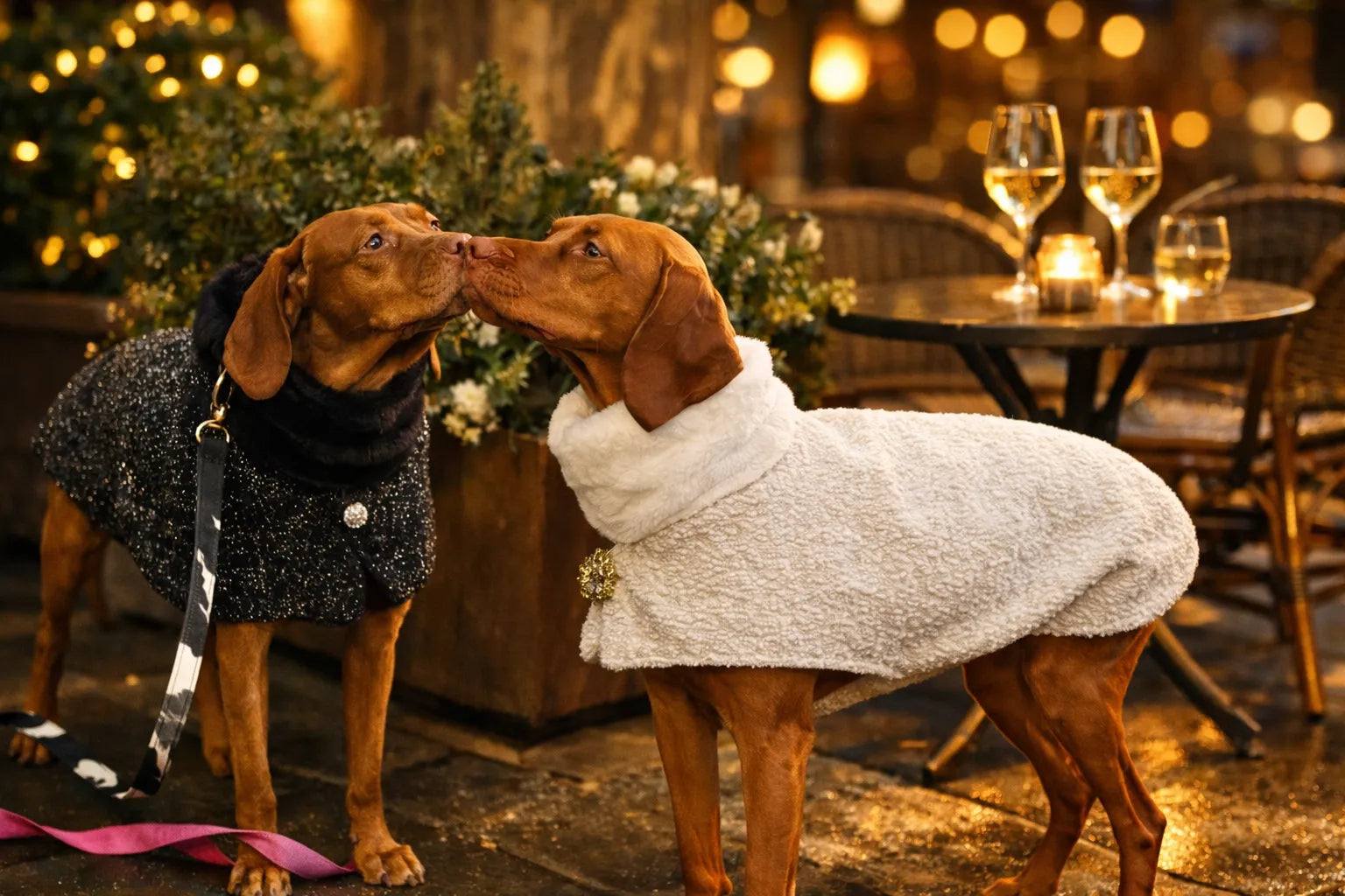 Two brown dogs wearing cozy Bowsers pet products manhattan walking coat dog sweaters pose together in an outdoor patio setting at night with warm bokeh lights, wine glasses, and potted plants in the background.