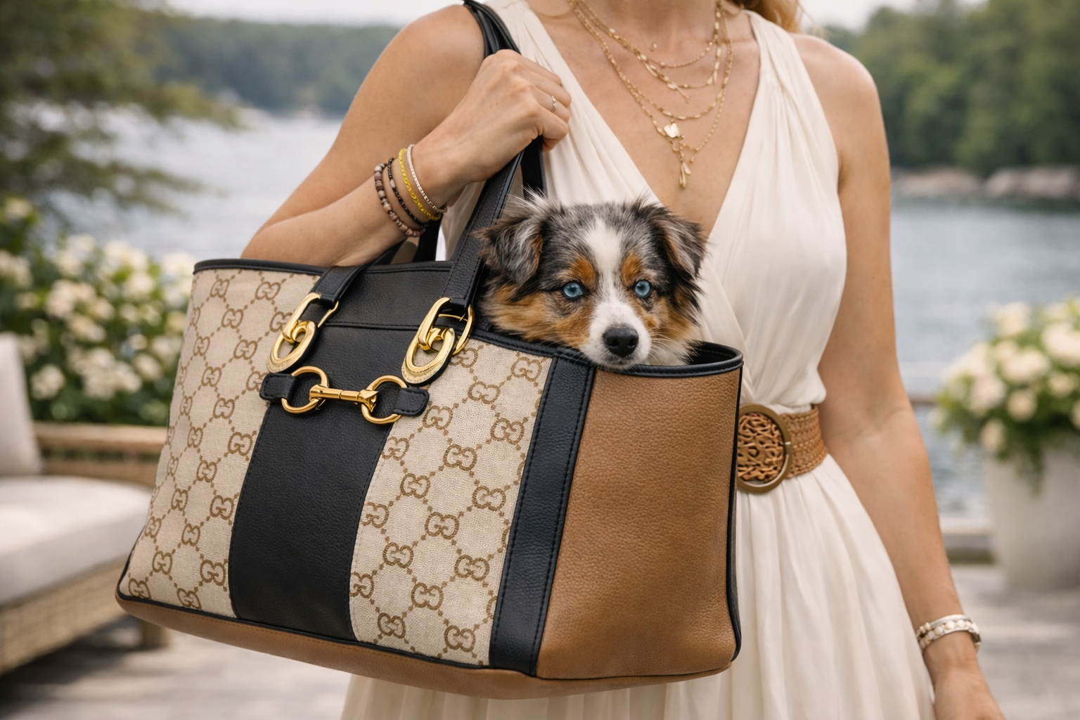 Luxury designer tote bag with mini Australian Shepherd dog carried by woman in white dress near lakeside — upscale pet travel lifestyle by Dogominium