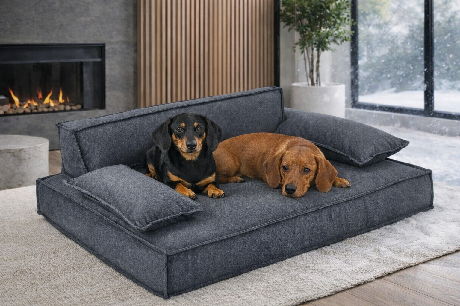 Grey dog sofa made with upholstery grade fabric with two dachshunds