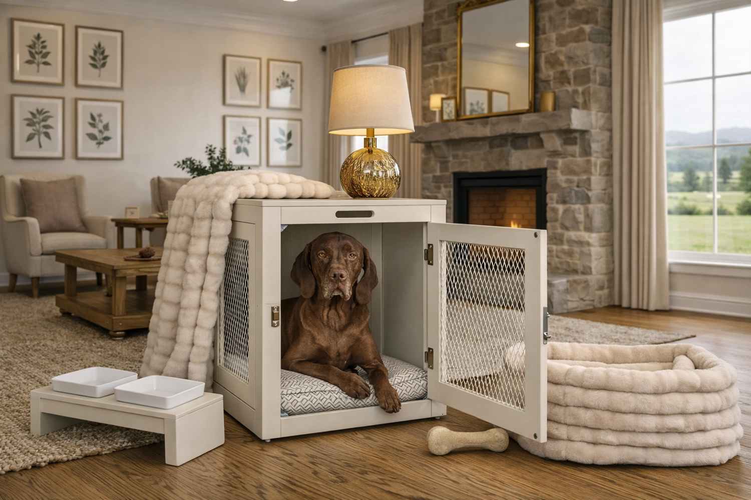 Luxury Dog Crates with Matching Accessories - Mat, Bed, Blankets, Water Bowls 
