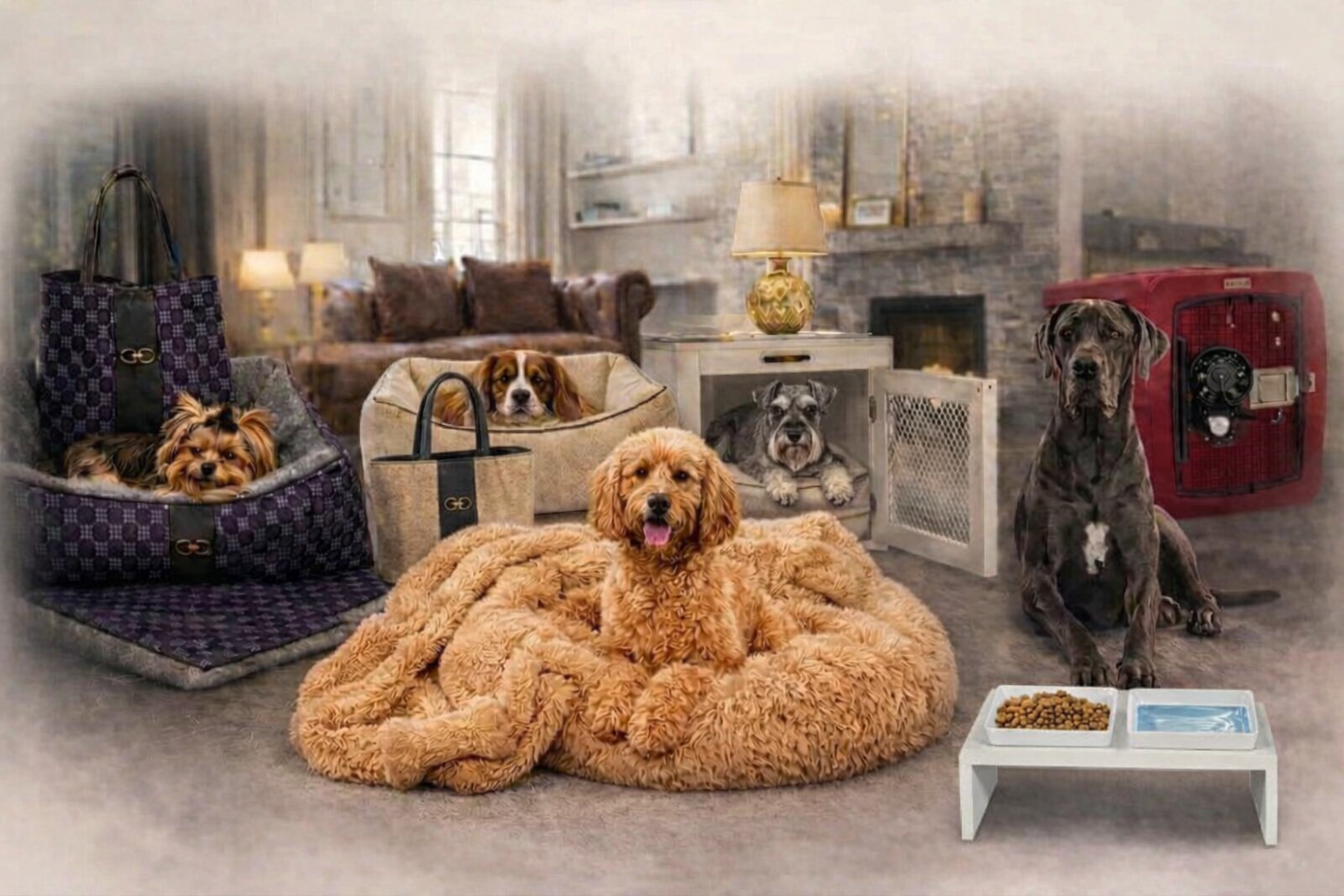 Dogominium Curated Matching Sets - Beds, blankets, Carry Purse, Travel Crate