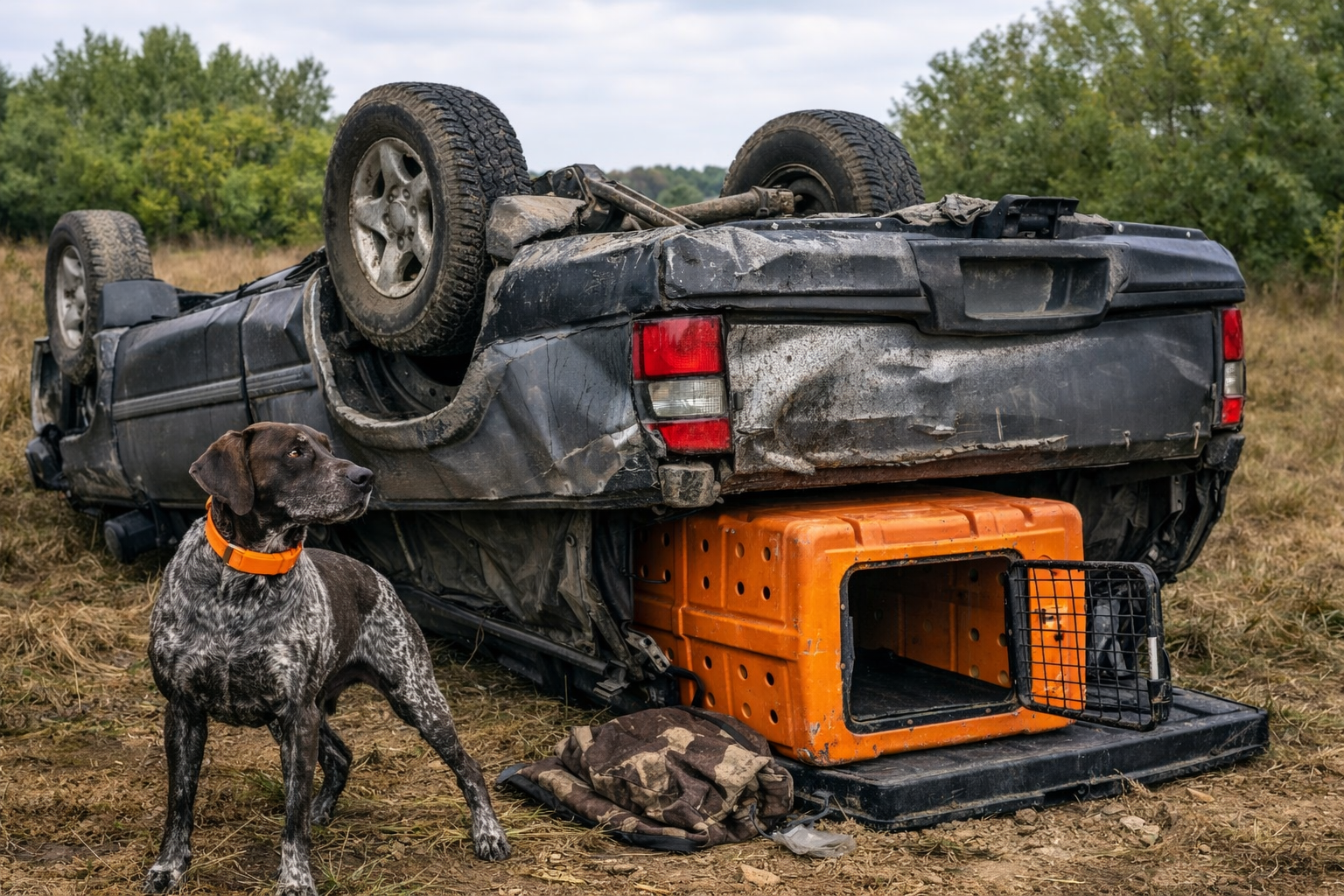 Truck rollover with an impact resistant crate in the back and the dog is fine