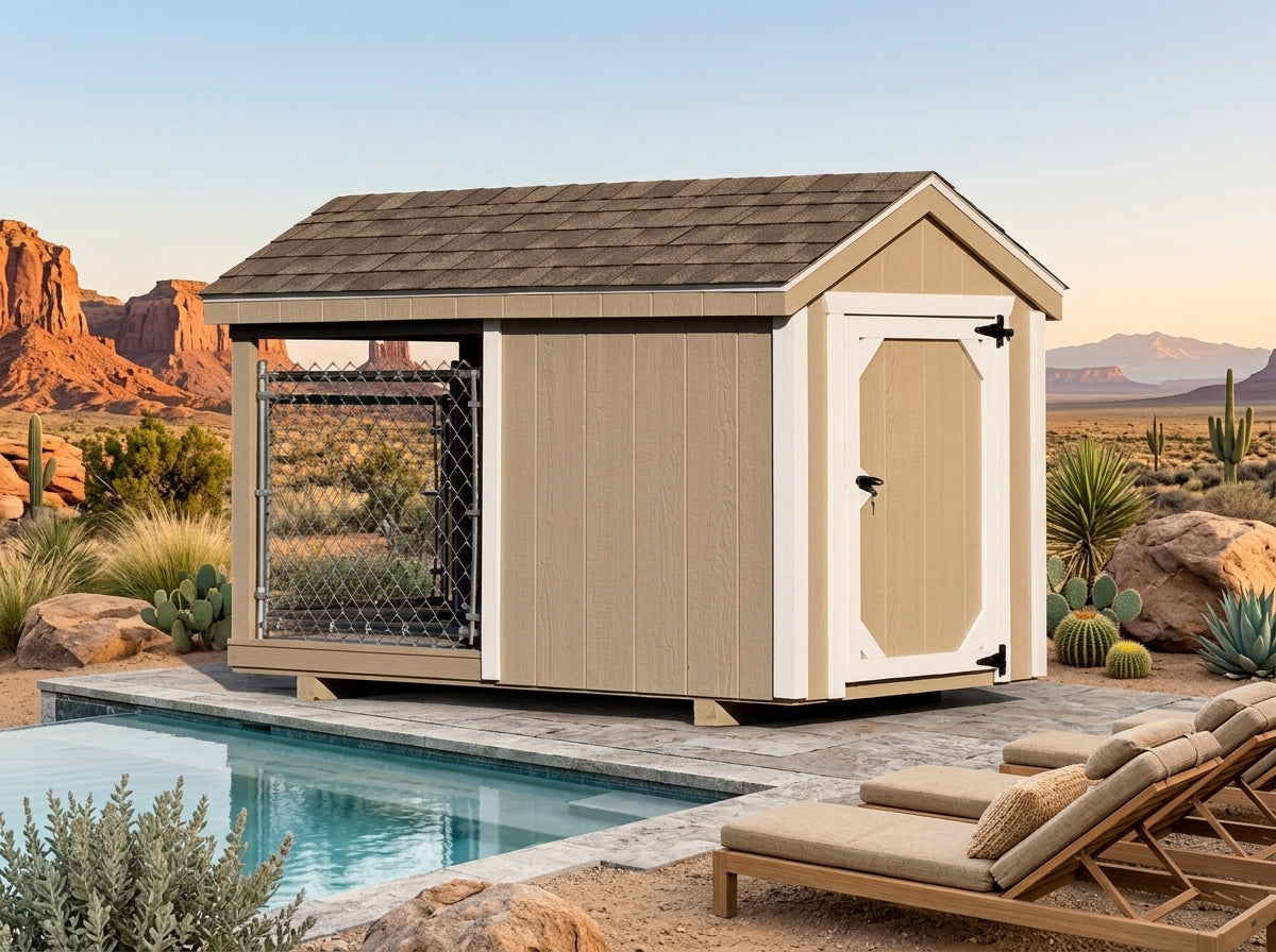 A small beige and white outdoor shed with a gray shingled roof and a chain-link side door, shown beside a swimming pool in a desert landscape with rocks, cacti, and lounge chairs.