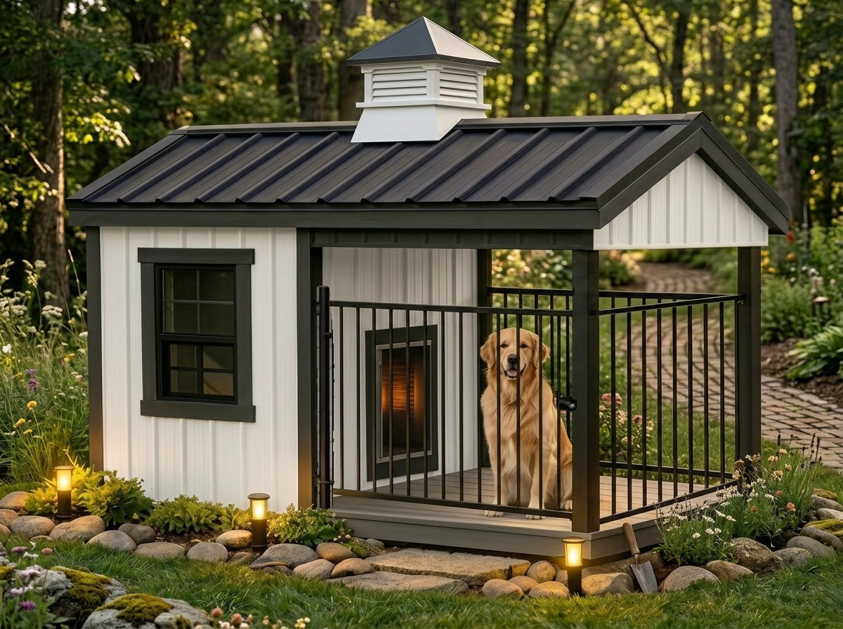 A small outdoor dog house with white siding, a dark metal roof, a black railing enclosure, and a golden retriever sitting inside on a patio. The dog house is set in a landscaped garden with rocks, plants, and trees in the background.