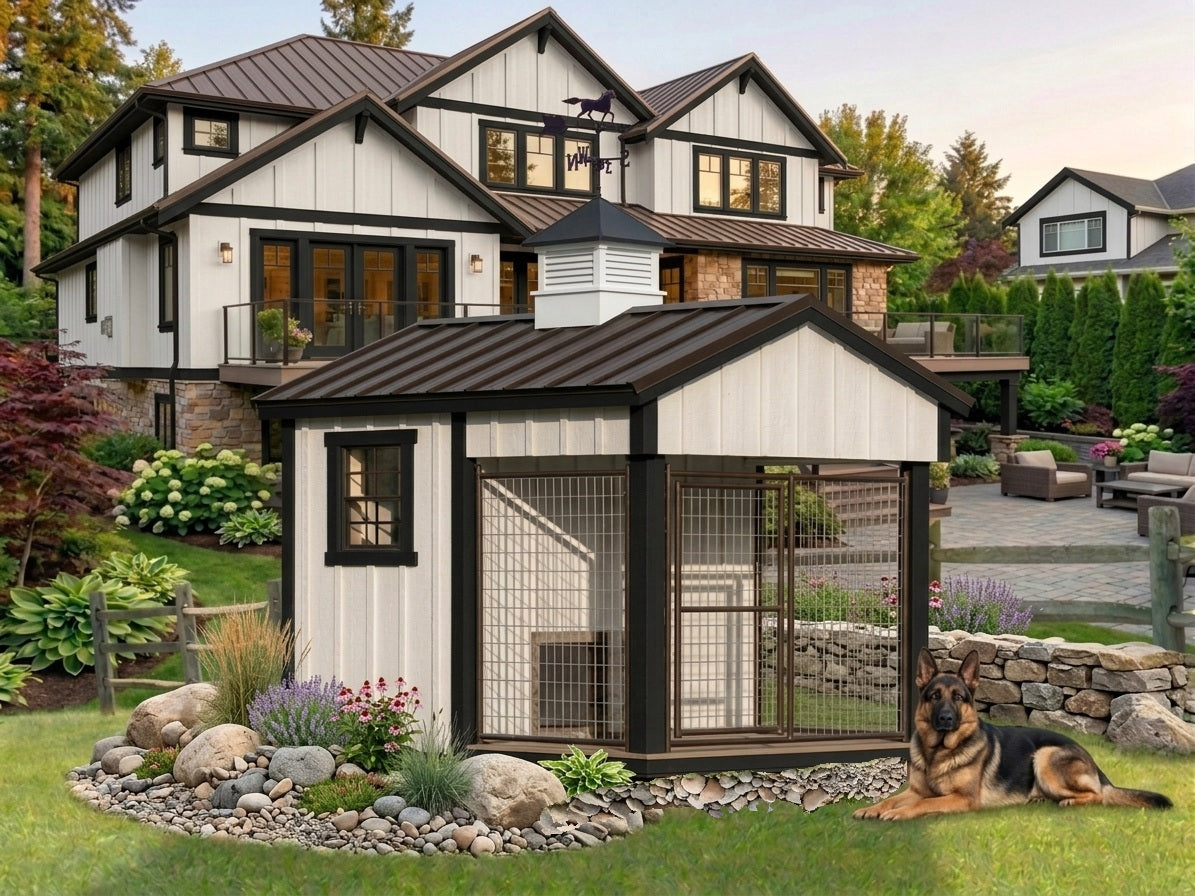 A white and black insulated and fully powered dog house with an attached wire mesh kennel is shown in a landscaped yard in front of a large house. A German Shepherd is lying on the lawn beside the structure.
