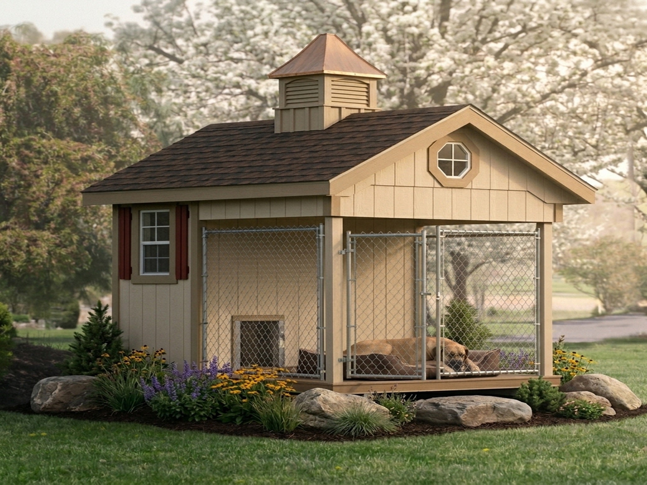 8x10_Cream-Front_Executive Estate Dog kennel with a cupola on a grassy area with trees in the background