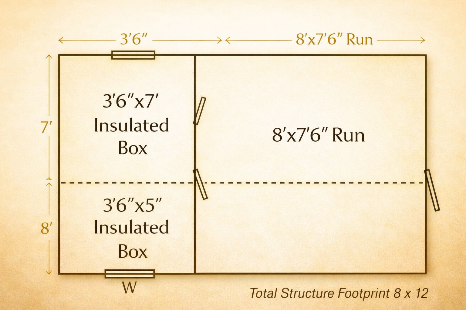 Diagram of a storage structure with dimensions labeled on a beige background
