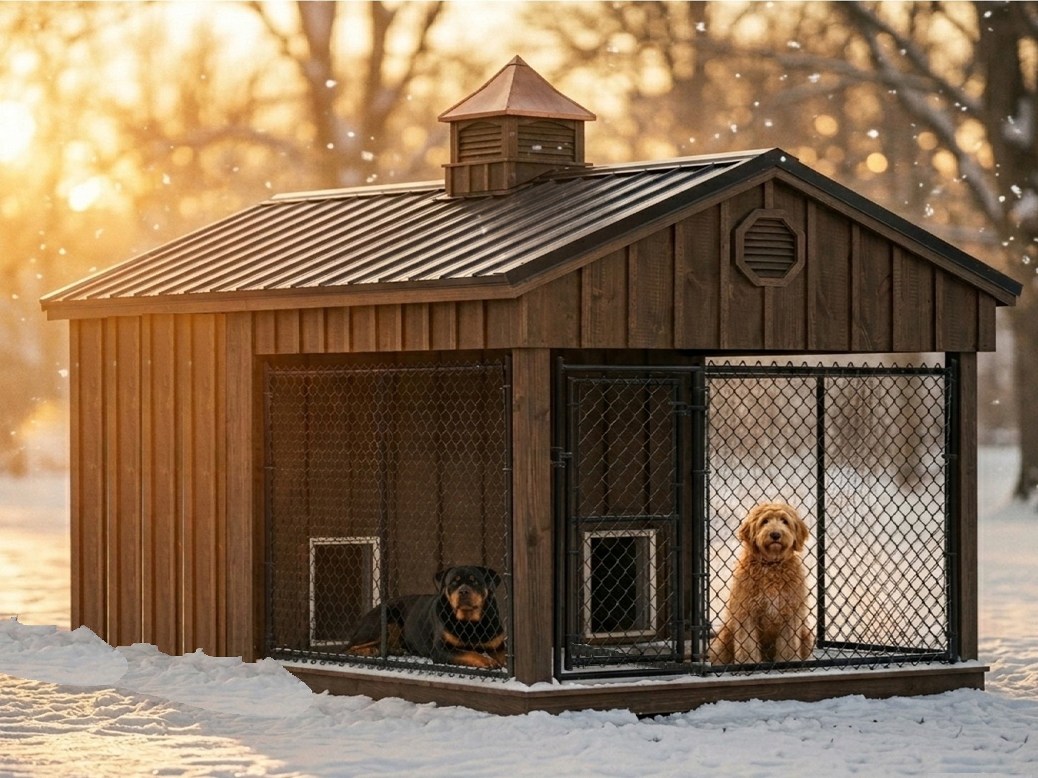 8x14-Double Suite Doghouse-Board and Batton Executive Estate Two dogs inside a large wooden doghouse in the snow.