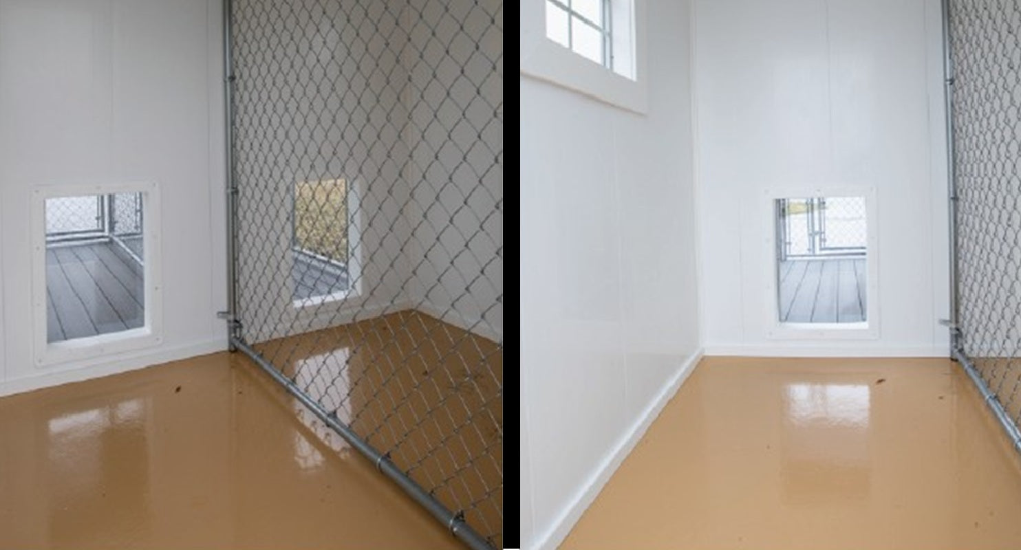 Inside of a Executive Estate Dog Kennel highlighting the fence panel dividers and Poly Urea Flooring