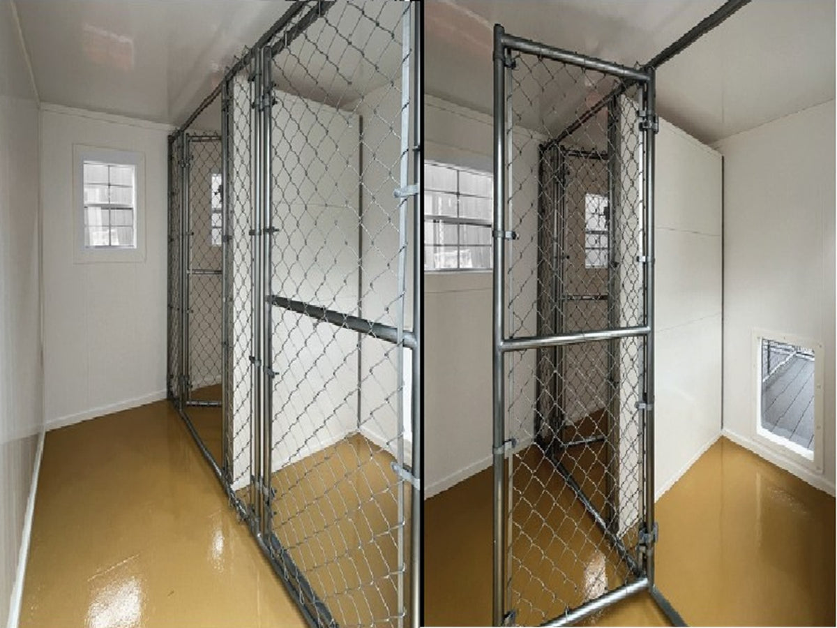 A split view of a metal chain-link kennel setup inside a white room with a glossy tan floor. The left panel shows several connected kennels, and the right panel shows a single open kennel with an attached door frame. Inside Executive Estate