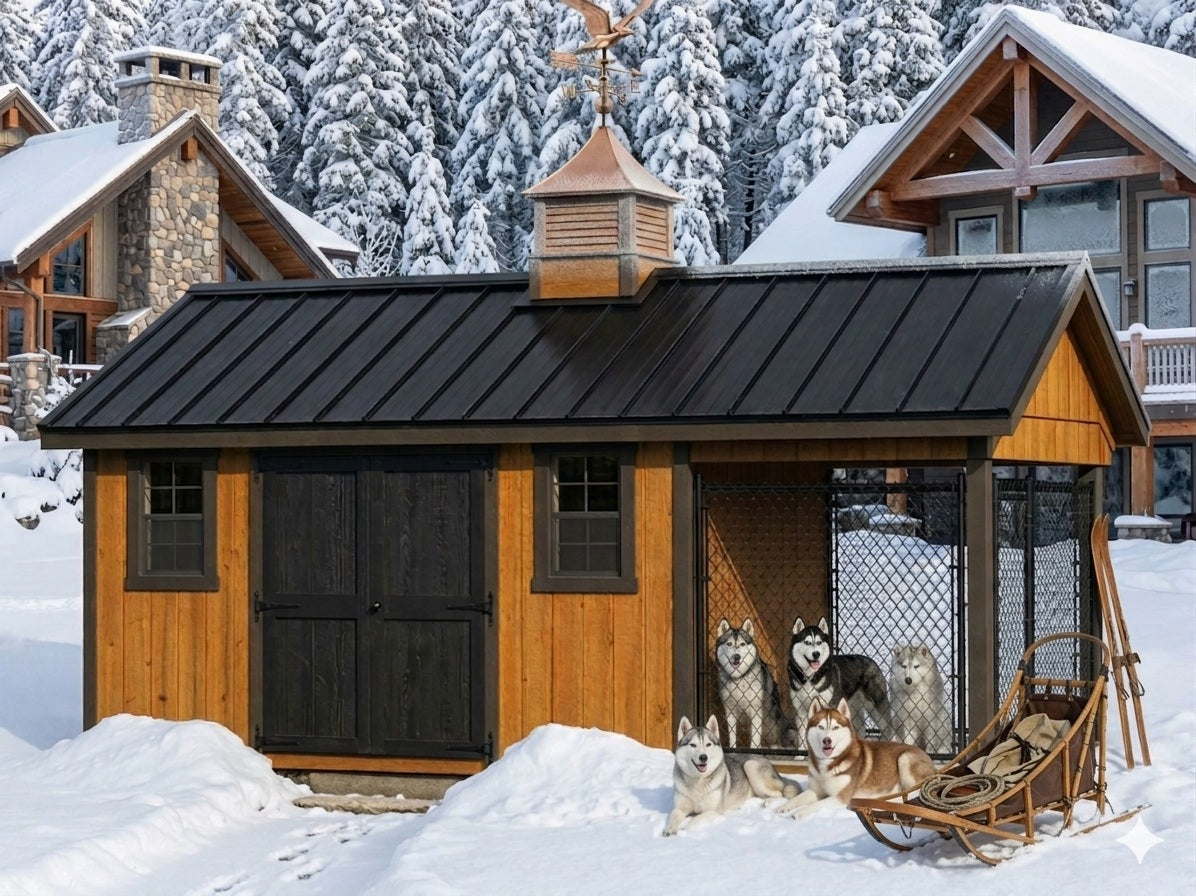 An insulated executive estate wooden dog playpen or small shed with a black metal roof, black double doors, and a screened corner, shown in a snowy outdoor setting with several dogs sitting inside and a sled pulled nearby. Trees and chalets are visible in the background.