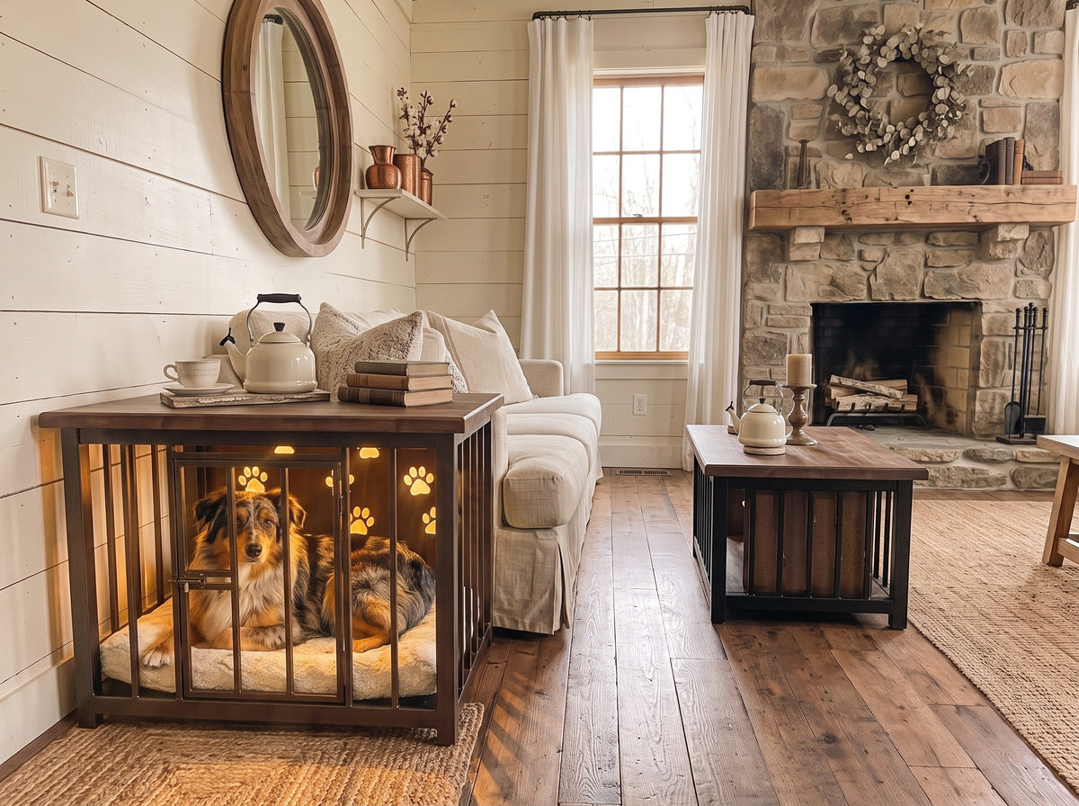 A rustic wooden pet crate with a dog inside sits in a cozy living room next to a sofa and fireplace. The crate has warm glowing lights inside and paw-print cutouts on the front.