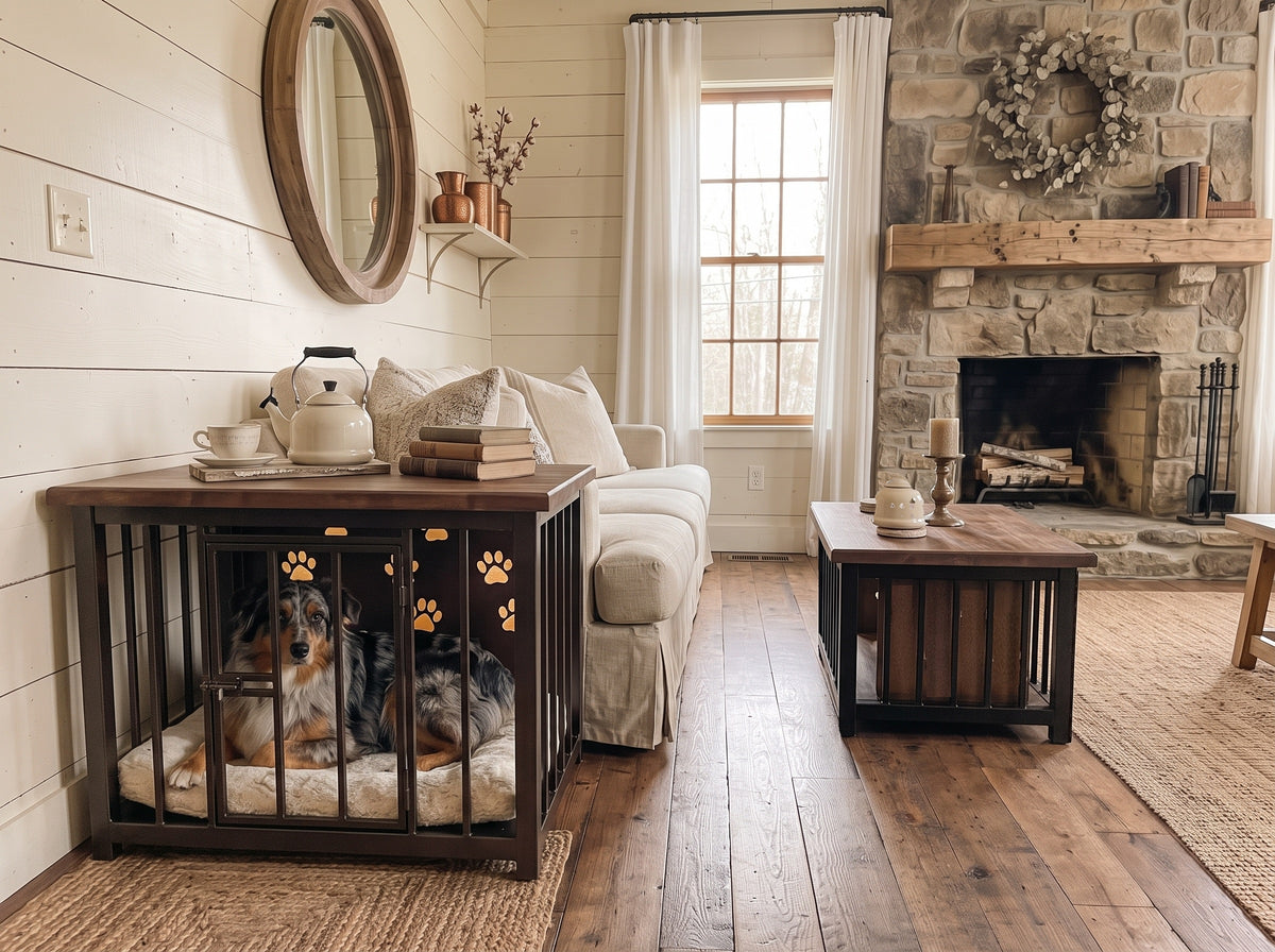 A rustic wooden dog crate with a dog lying inside on a cushion, styled in a cozy living room next to a cream sofa and a stone fireplace.