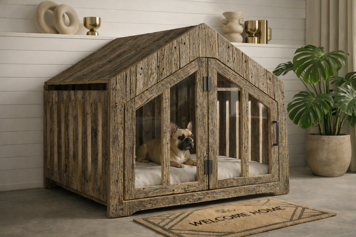 A rustic wooden dog house with glass doors and a slatted side panel, shown with a small tan dog inside. The dog house is placed in a styled room with a white shiplap wall, shelf decor, a potted plant, and a woven welcome doormat.