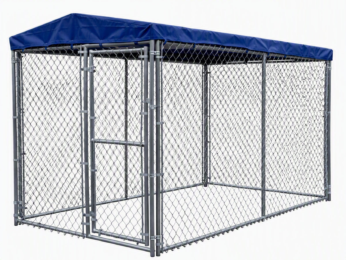 A chain-link dog kennel with a blue roof cover, featuring a double door and solid panel sections, isolated on a white background.