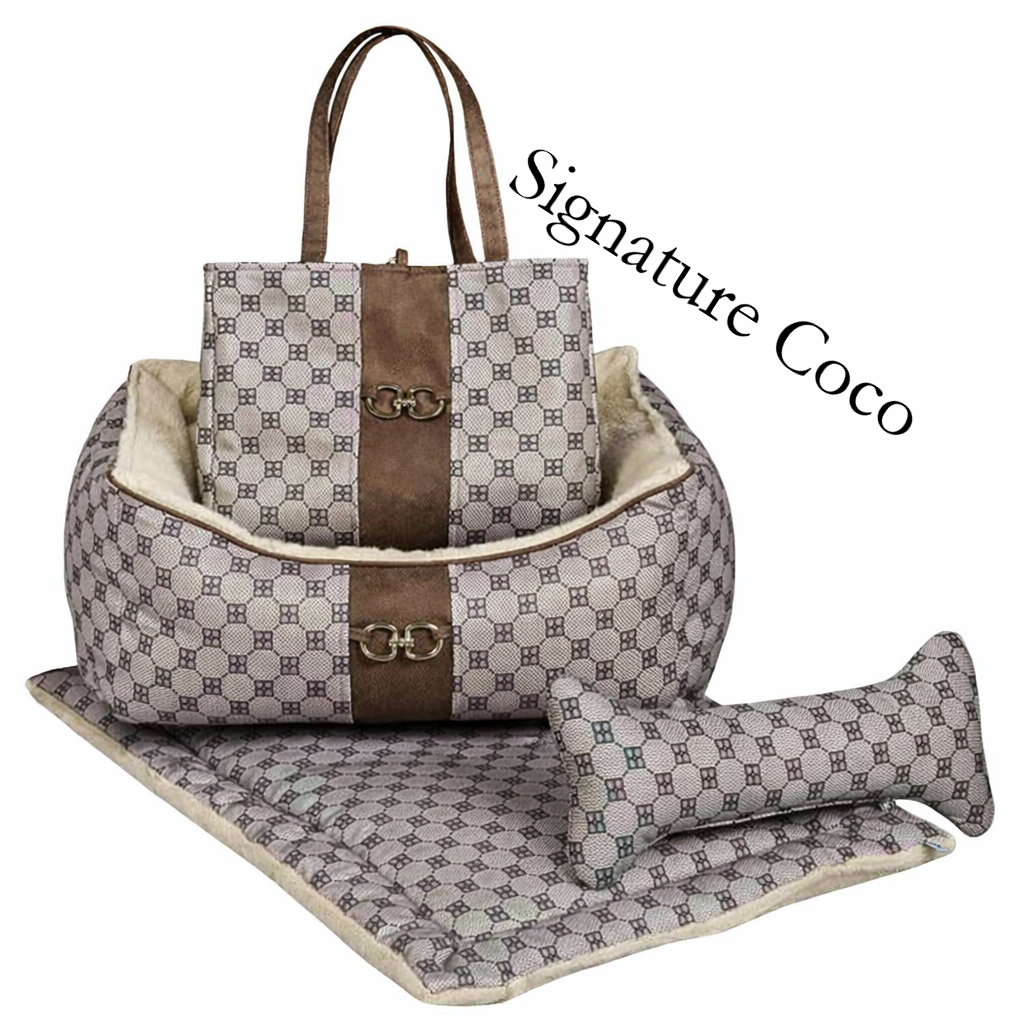 Signature Coco Franklin Dog Bed with matching mat, dog carrying purse and pillow that looks like a bone
