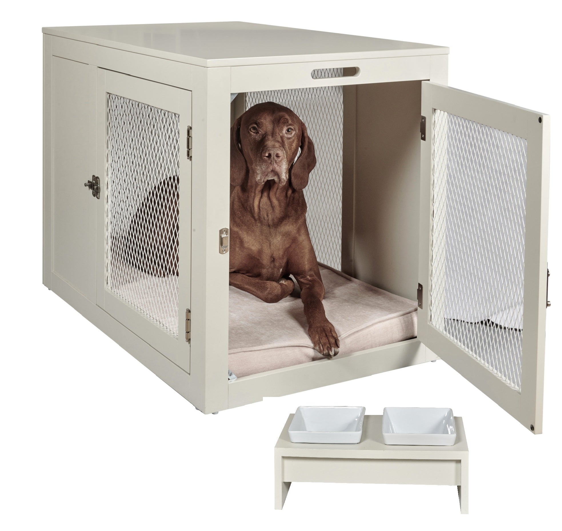 Fresco Luxury Side Table Crate with Custom Size Padded Mat and Matching Bowels