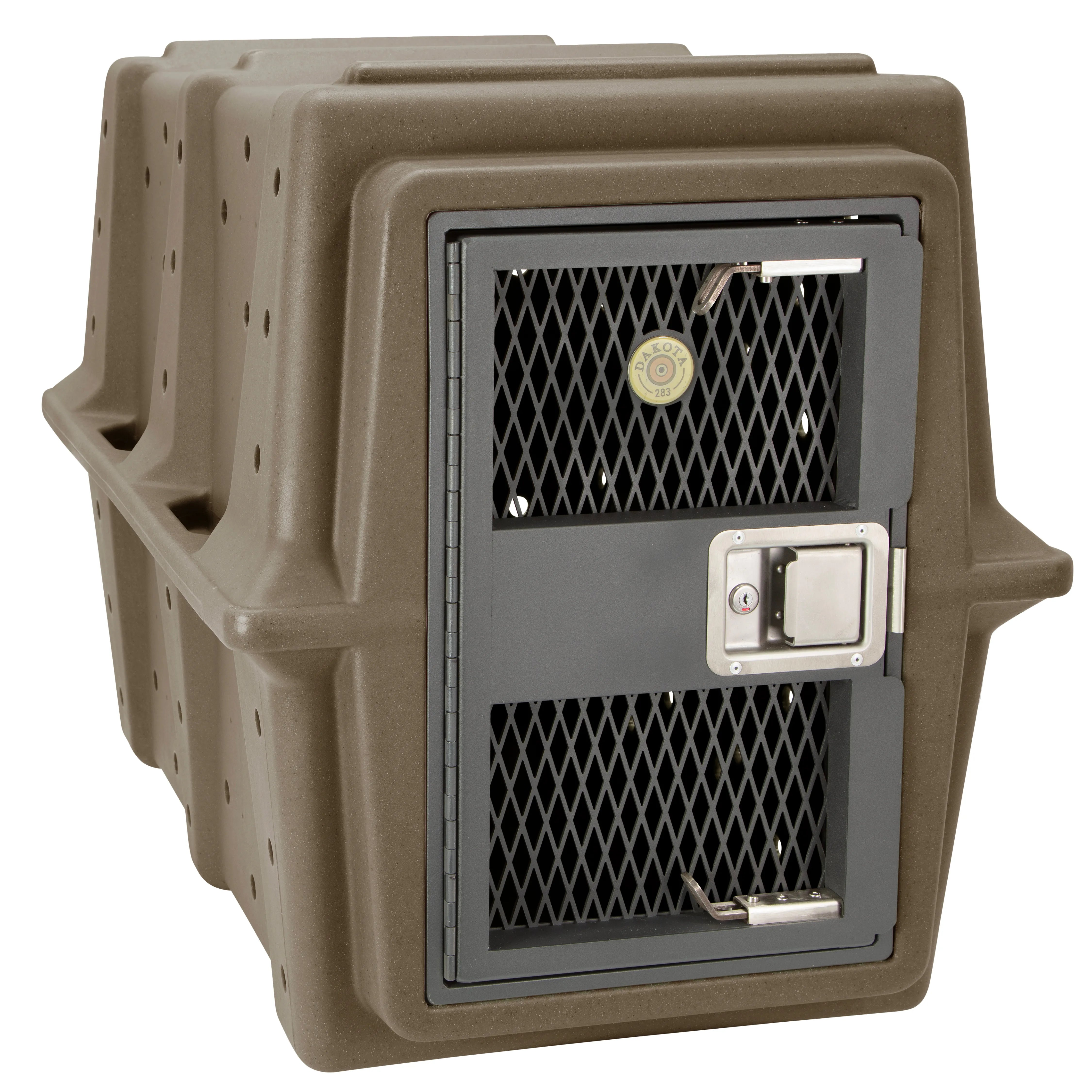 Dakota 283 Hero Impact Resistant Crate Brown pet carrier with a锁ed door on a white background